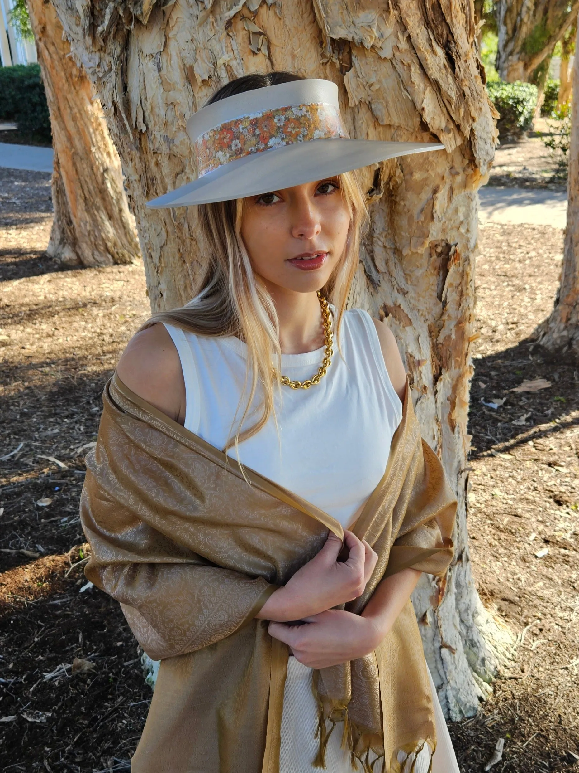 Taupe "LadyEVA" Visor Hat with Orange Floral Band