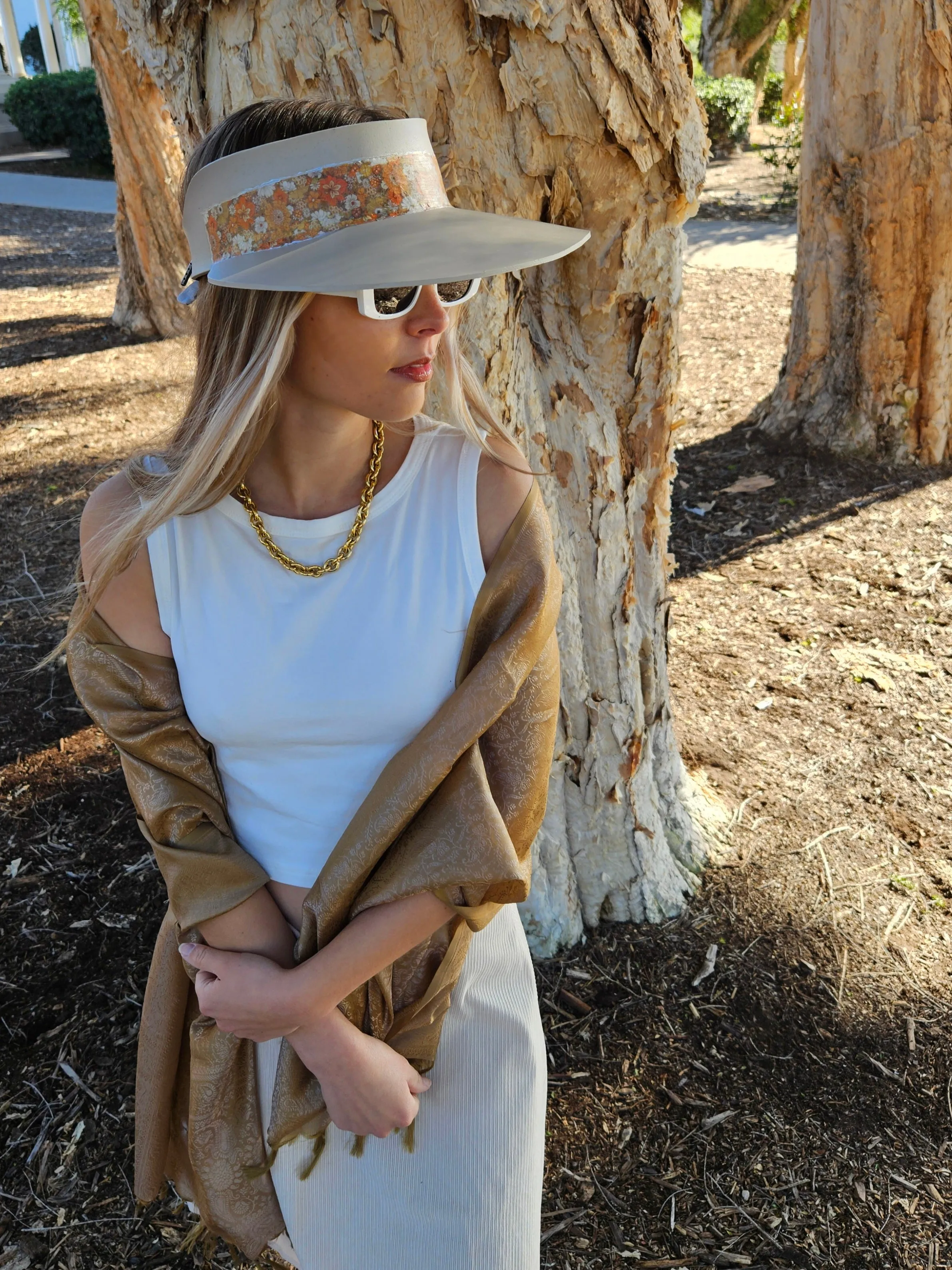 Taupe "LadyEVA" Visor Hat with Orange Floral Band