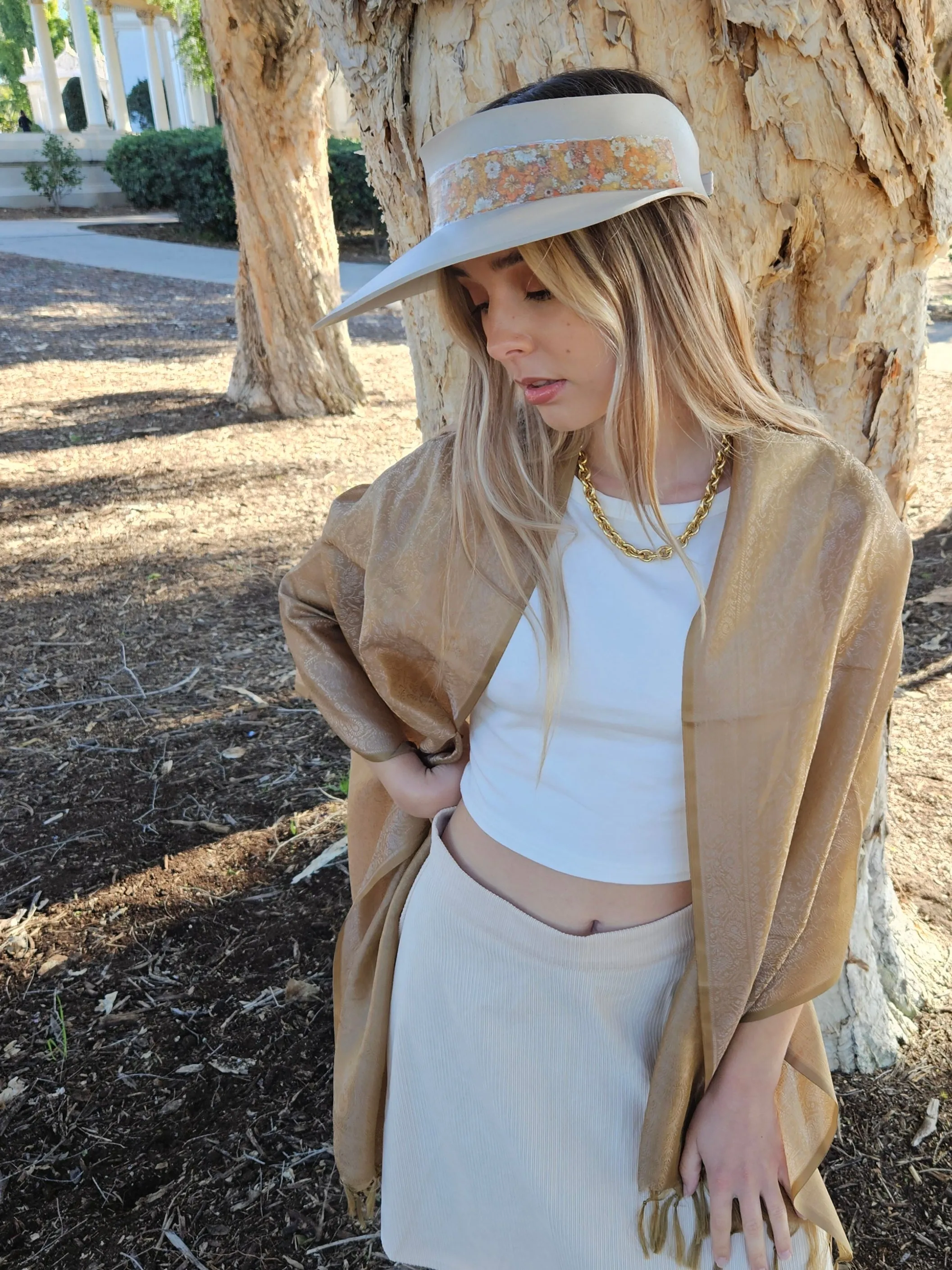 Taupe "LadyEVA" Visor Hat with Orange Floral Band