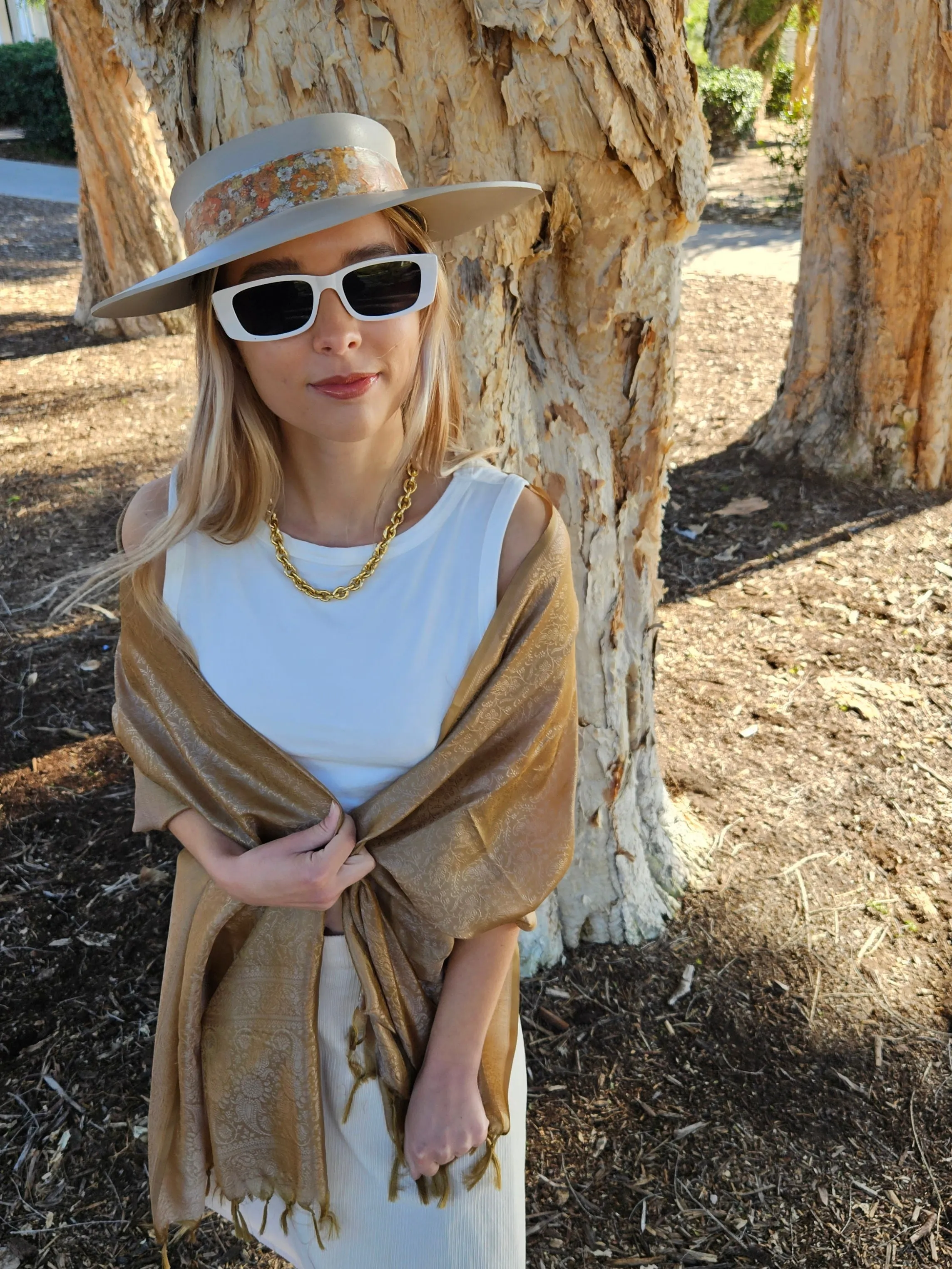 Taupe "LadyEVA" Visor Hat with Orange Floral Band