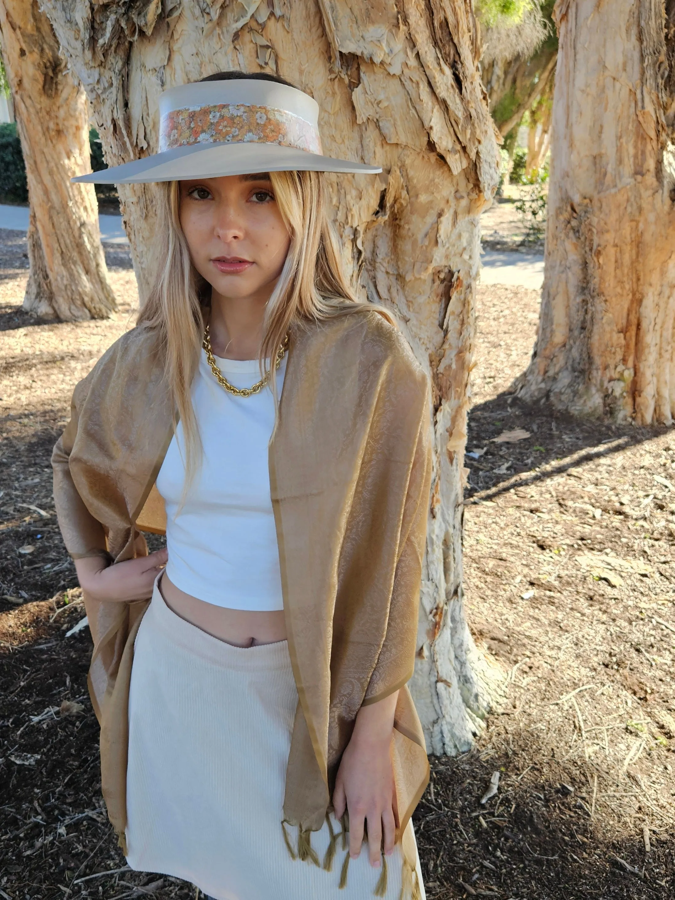 Taupe "LadyEVA" Visor Hat with Orange Floral Band