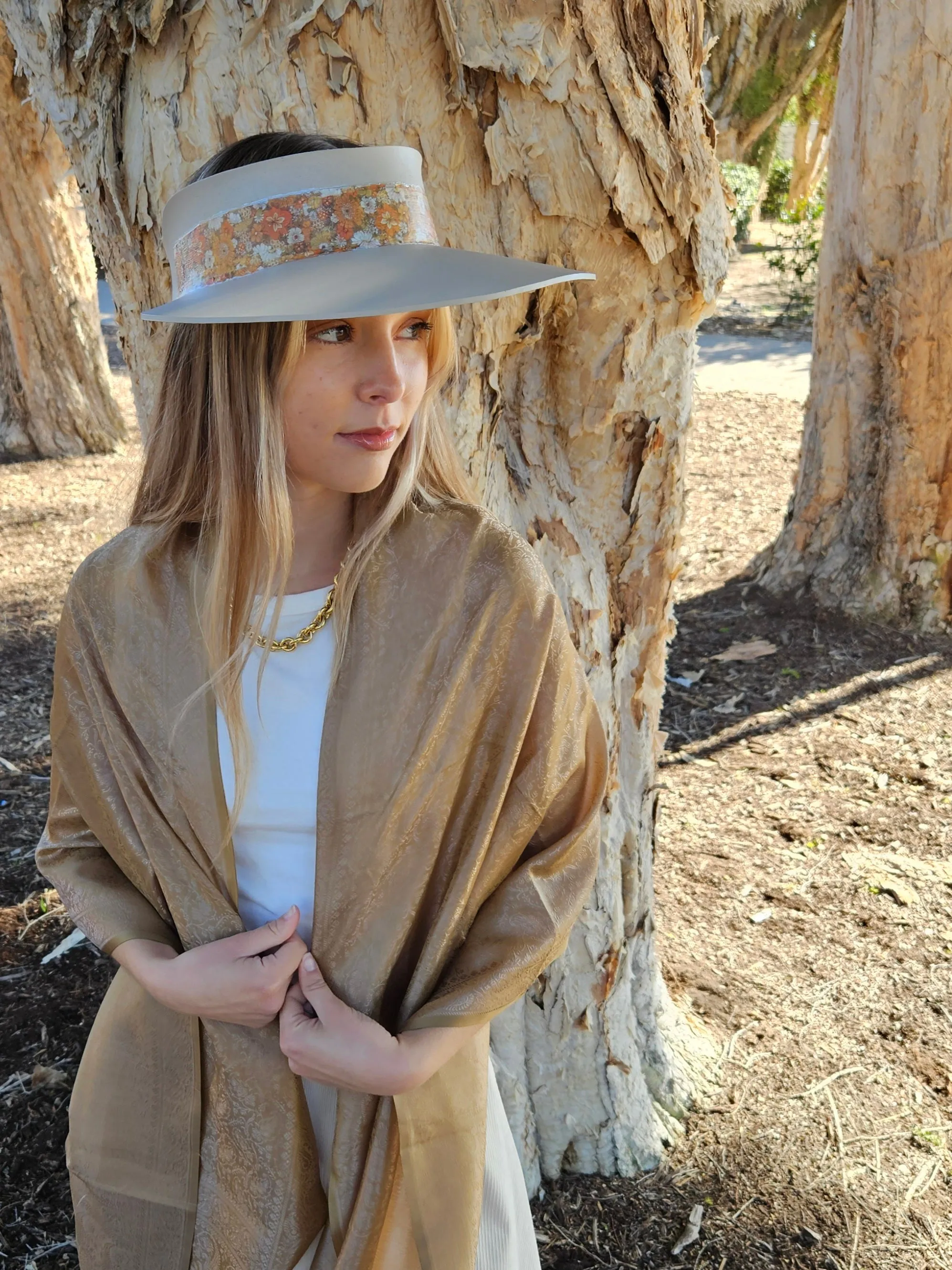 Taupe "LadyEVA" Visor Hat with Orange Floral Band