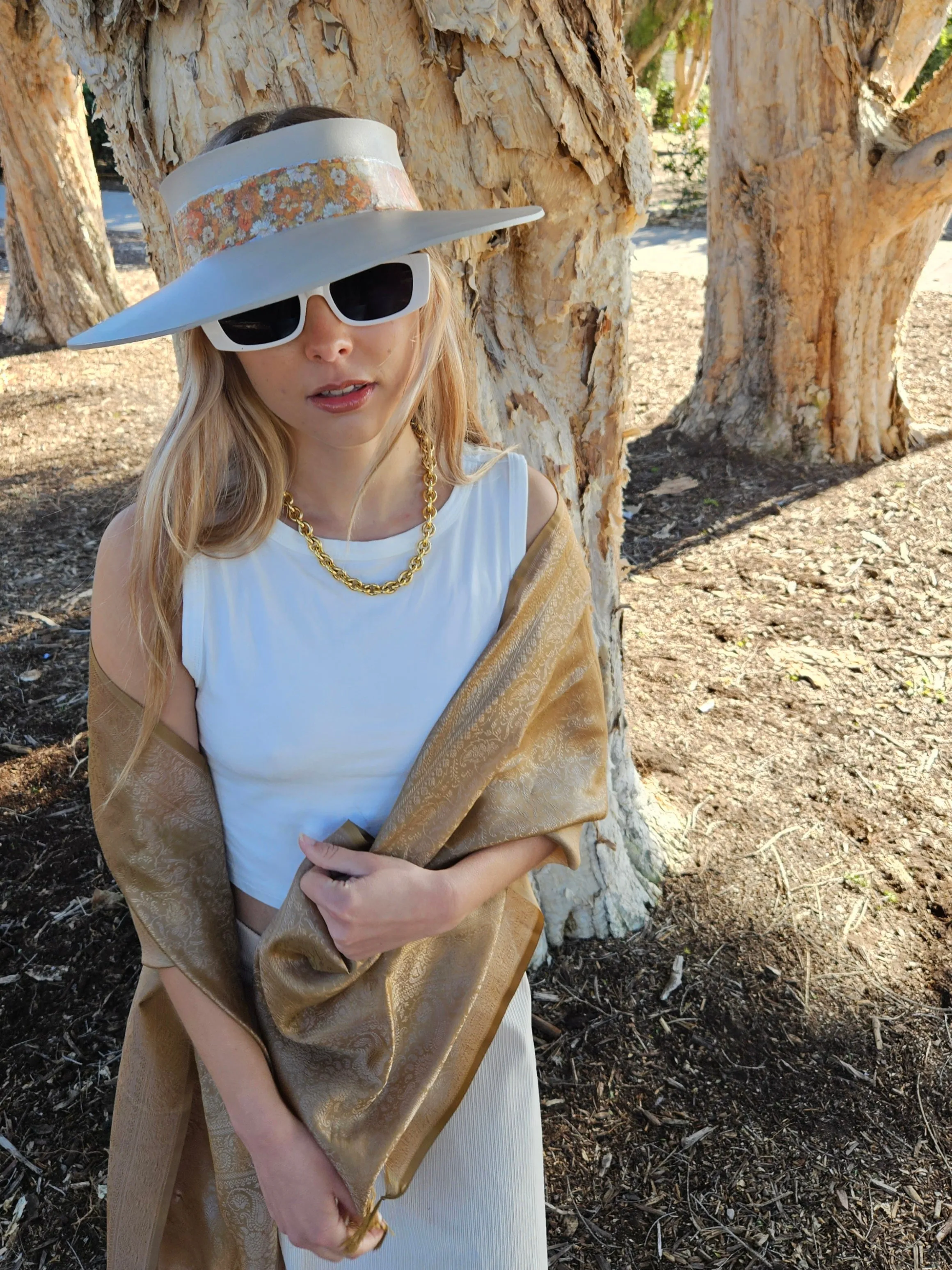 Taupe "LadyEVA" Visor Hat with Orange Floral Band