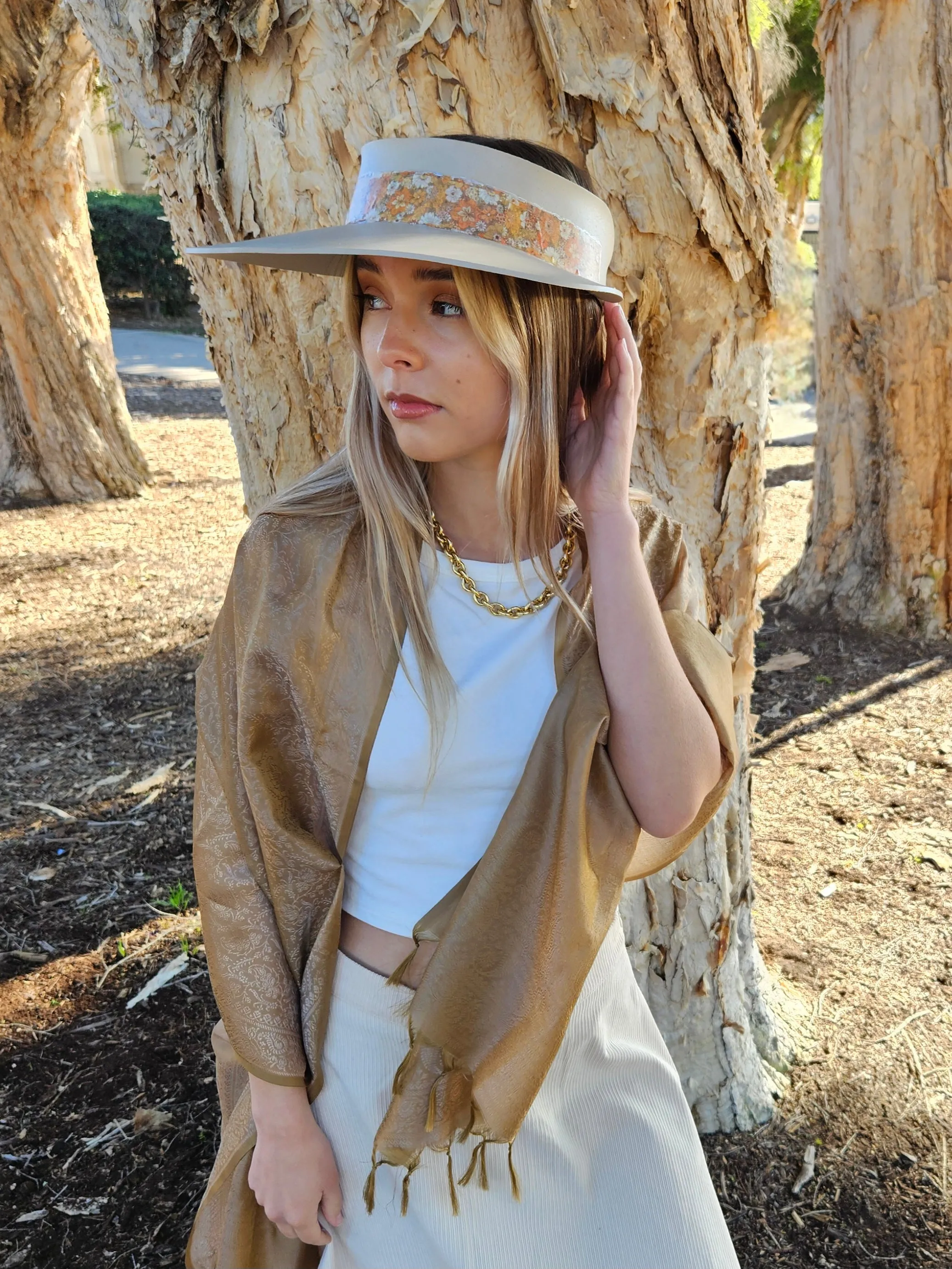 Taupe "LadyEVA" Visor Hat with Orange Floral Band