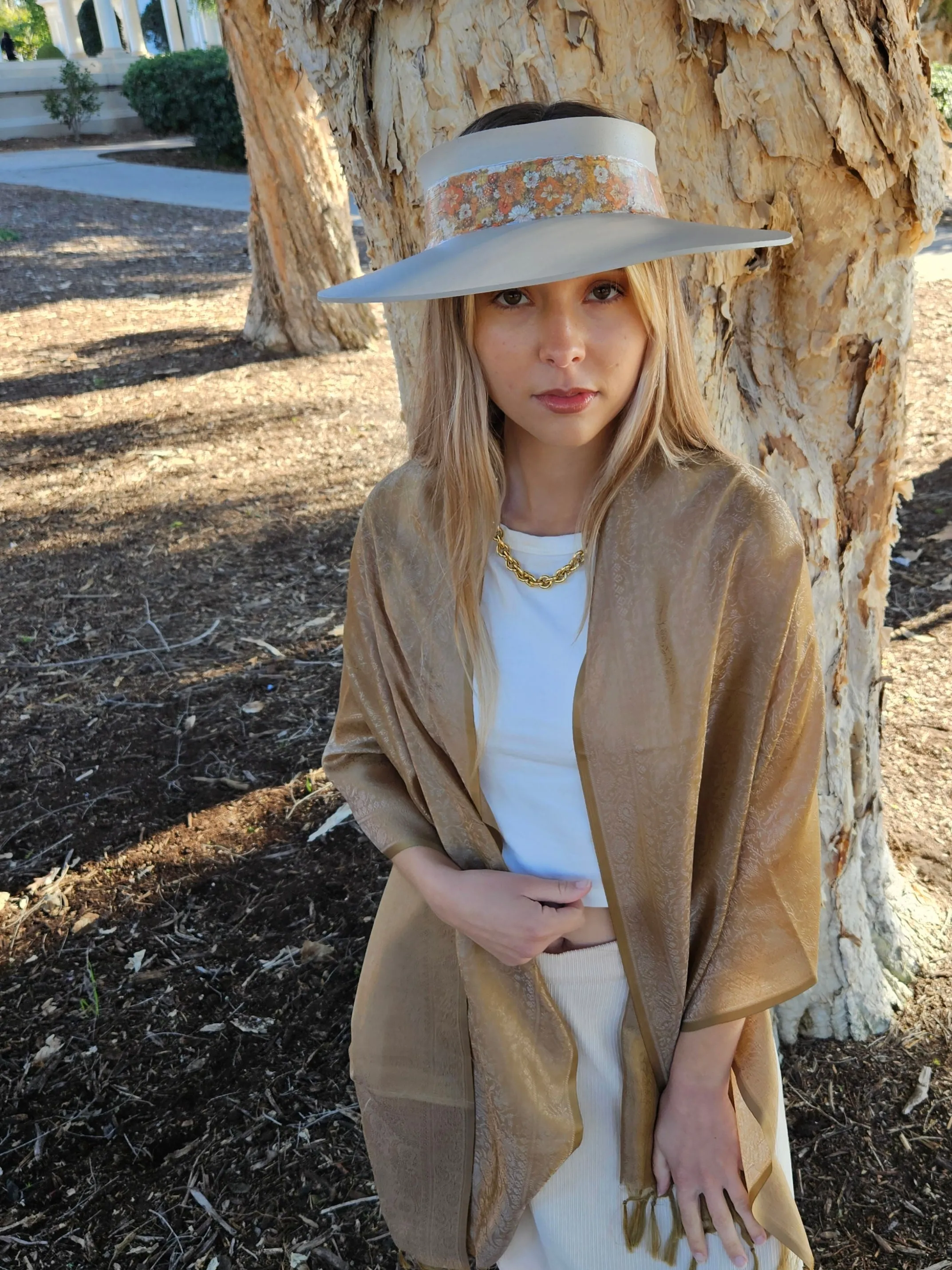 Taupe "LadyEVA" Visor Hat with Orange Floral Band