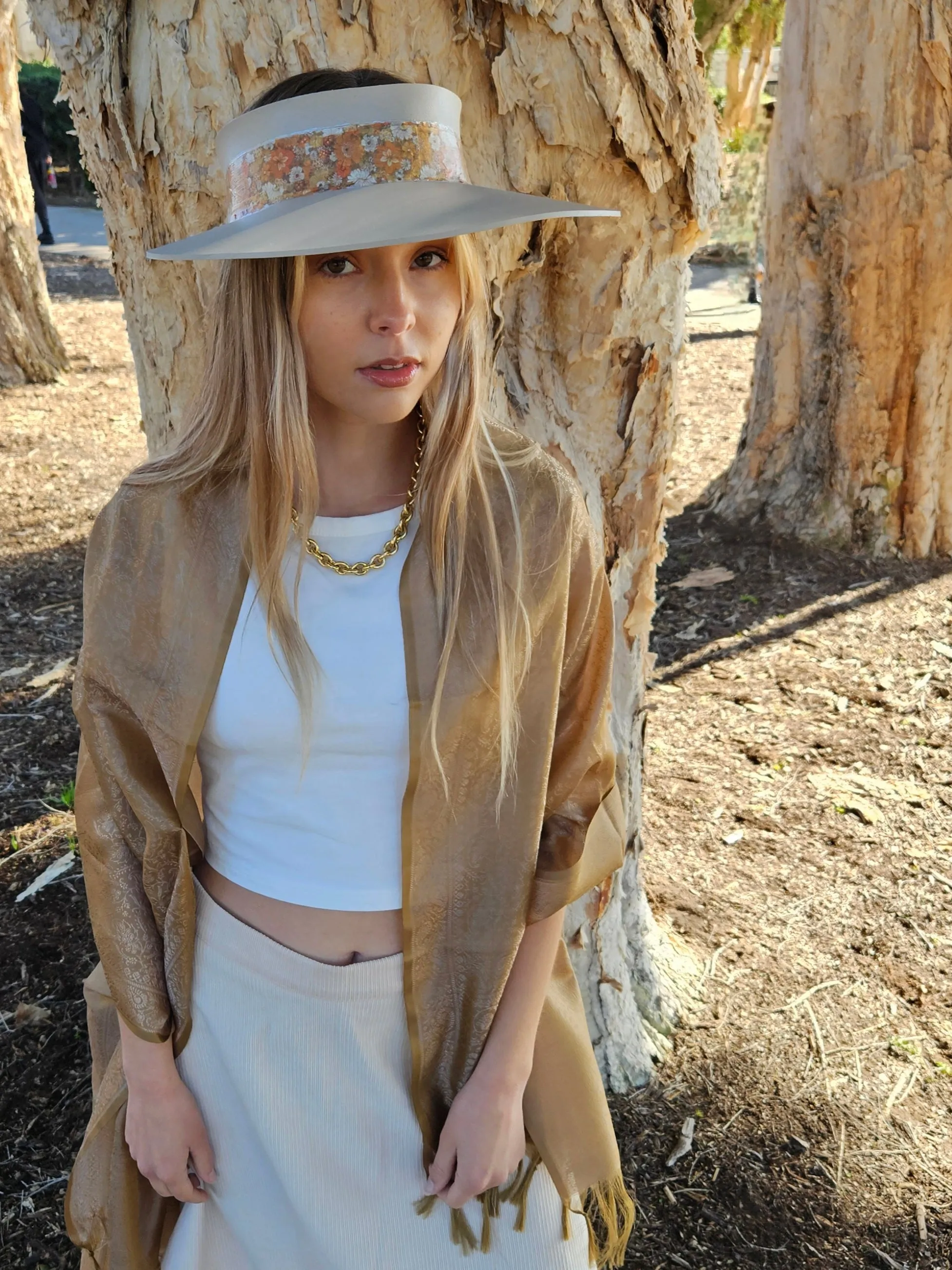 Taupe "LadyEVA" Visor Hat with Orange Floral Band