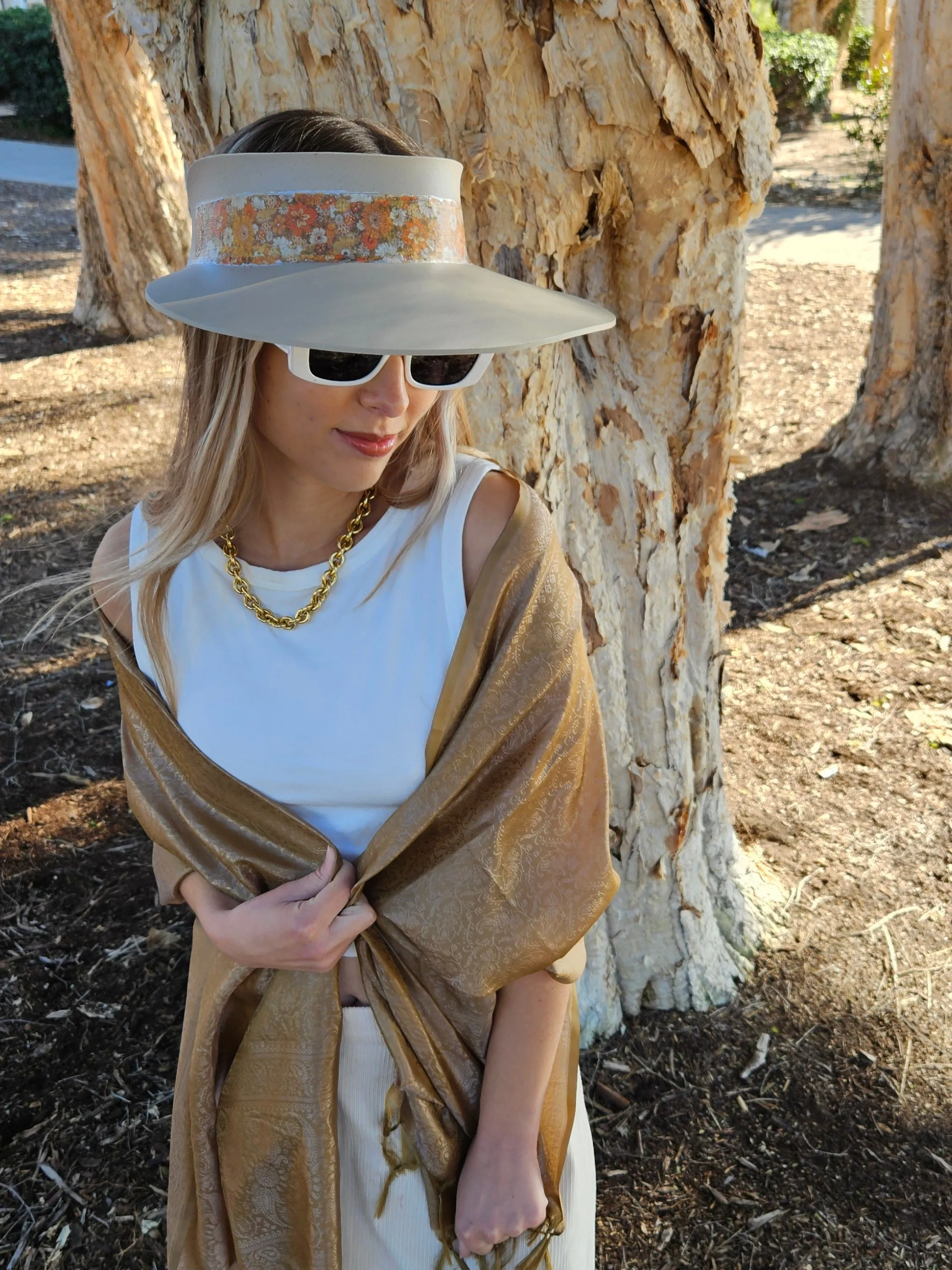 Taupe "LadyEVA" Visor Hat with Orange Floral Band