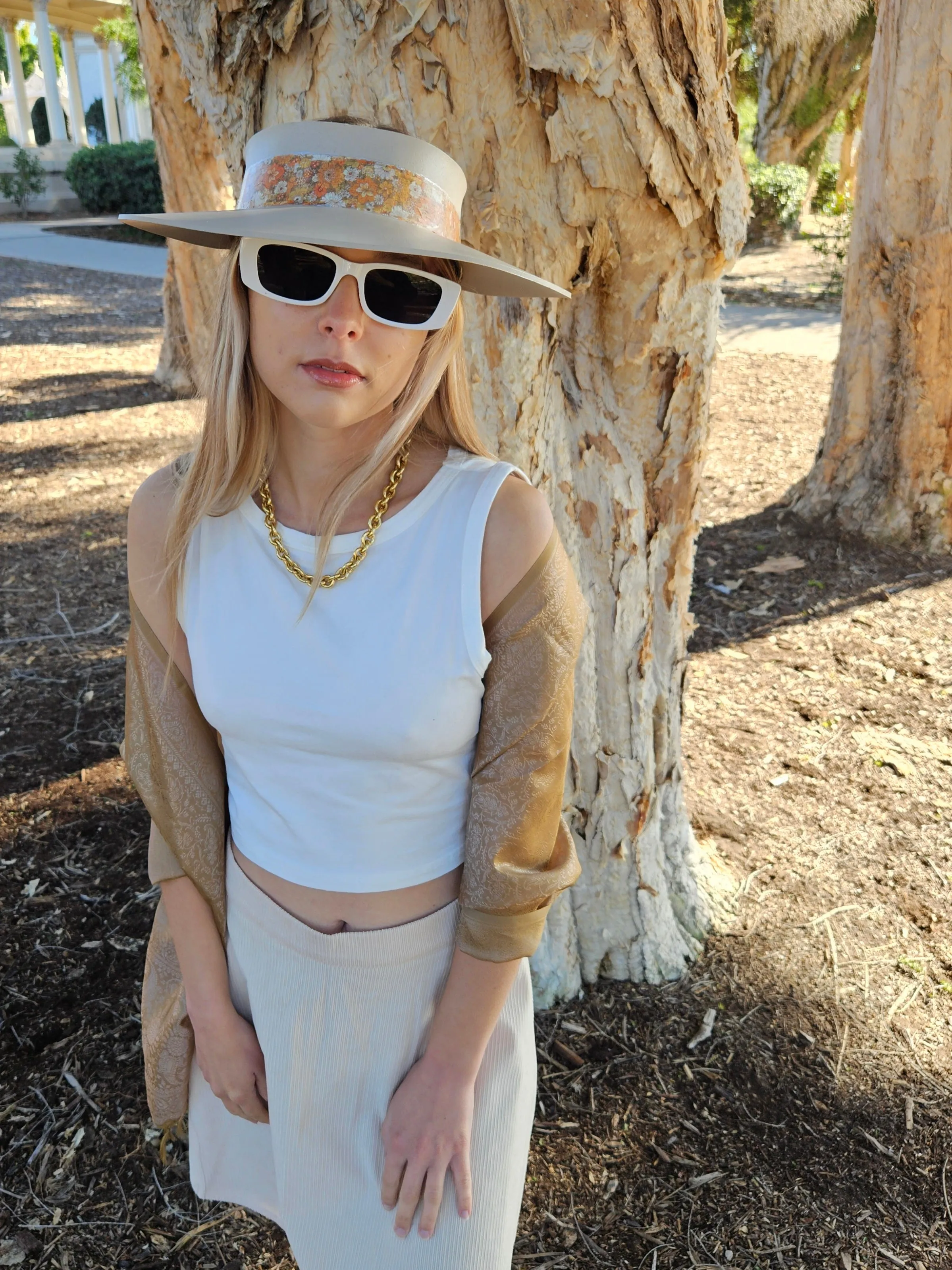 Taupe "LadyEVA" Visor Hat with Orange Floral Band