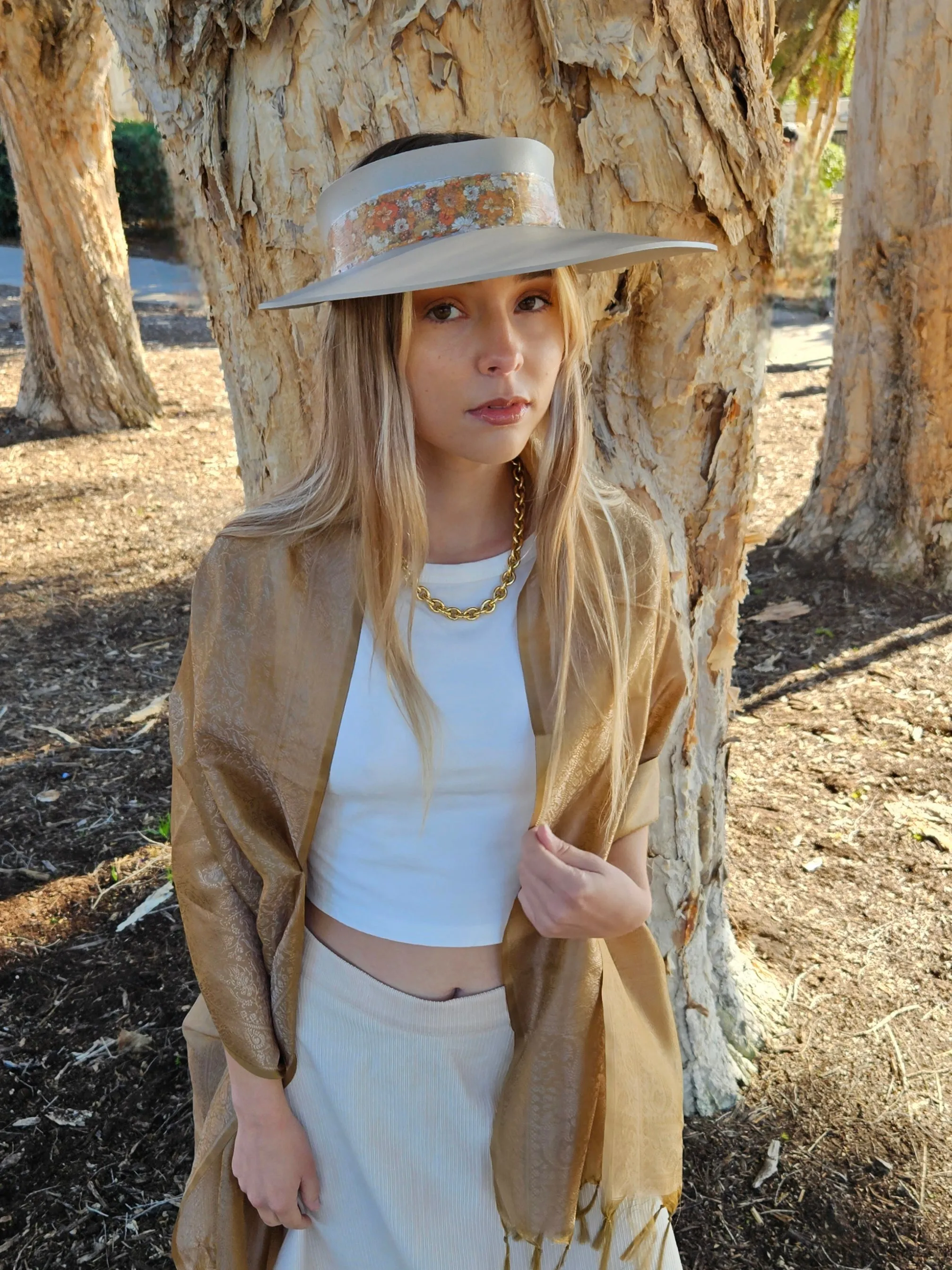 Taupe "LadyEVA" Visor Hat with Orange Floral Band