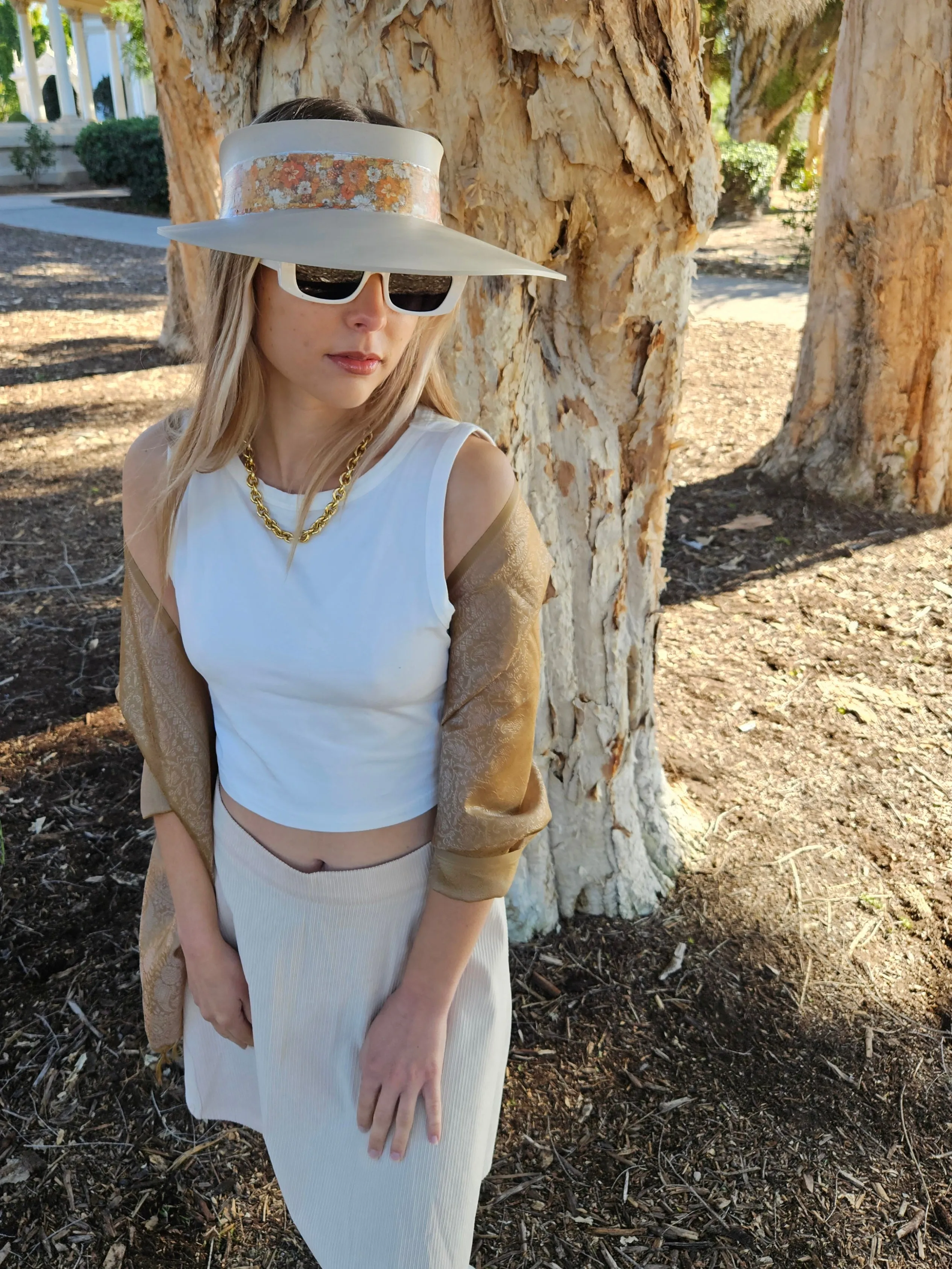 Taupe "LadyEVA" Visor Hat with Orange Floral Band