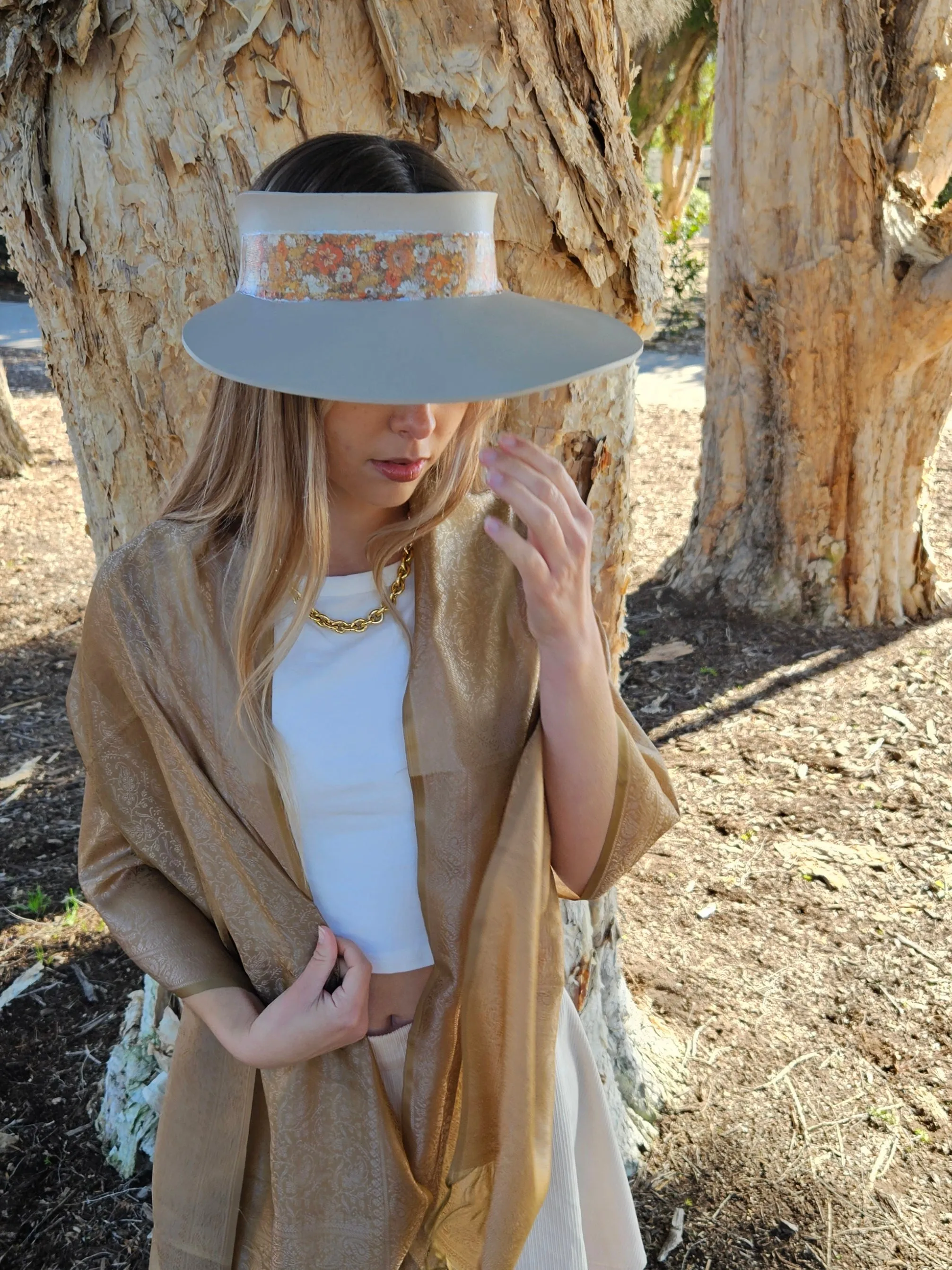 Taupe "LadyEVA" Visor Hat with Orange Floral Band