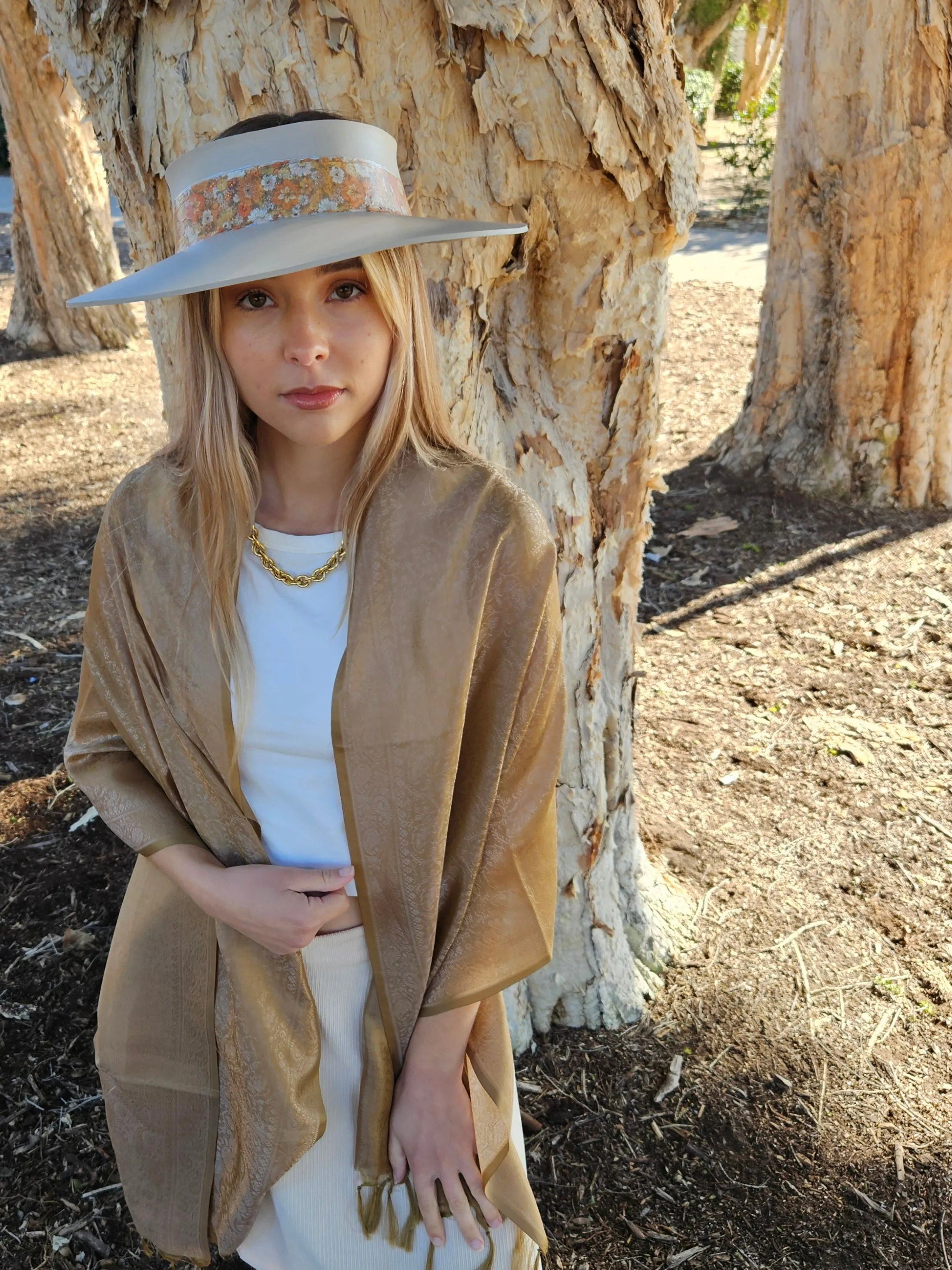 Taupe "LadyEVA" Visor Hat with Orange Floral Band