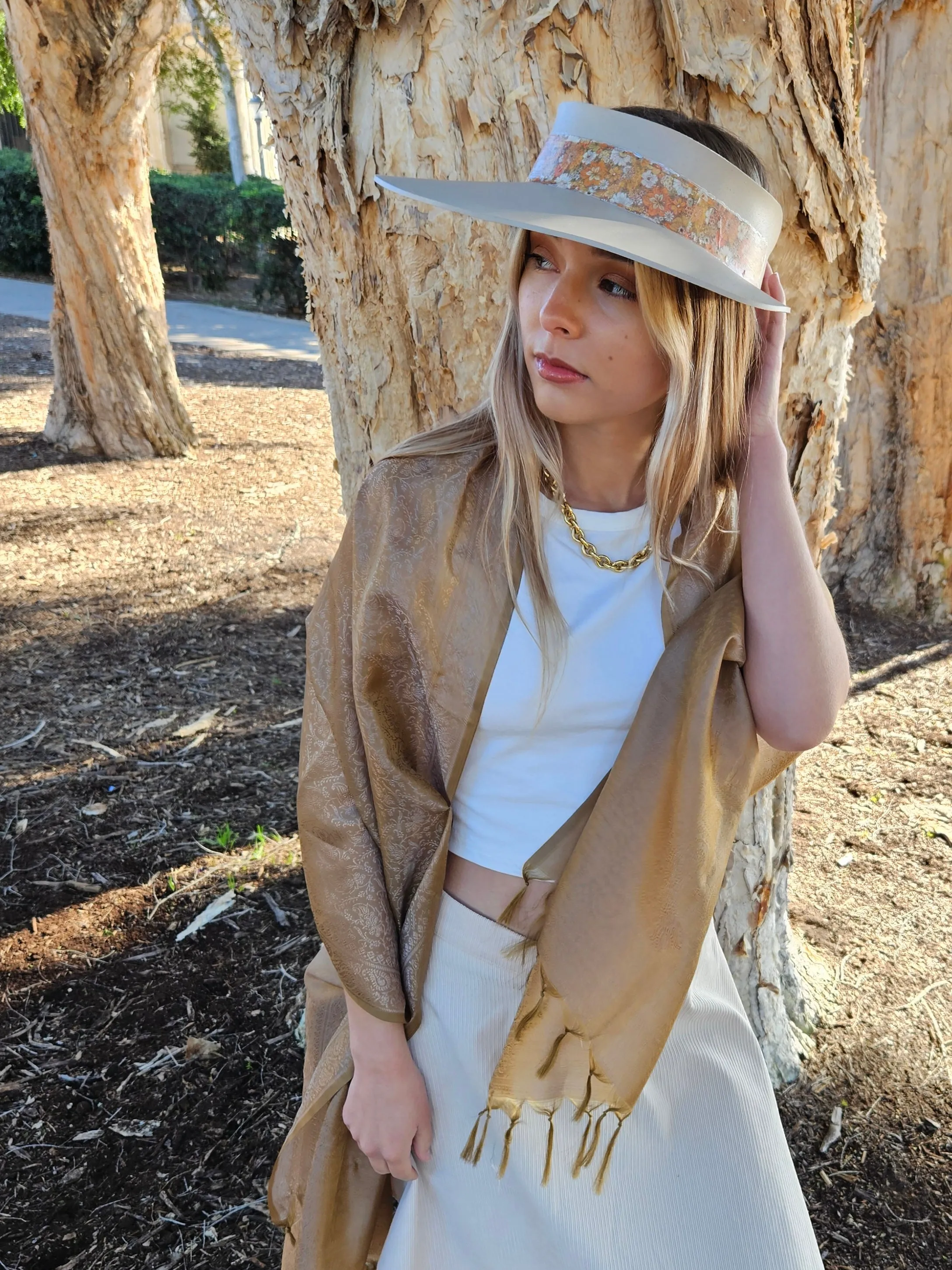 Taupe "LadyEVA" Visor Hat with Orange Floral Band