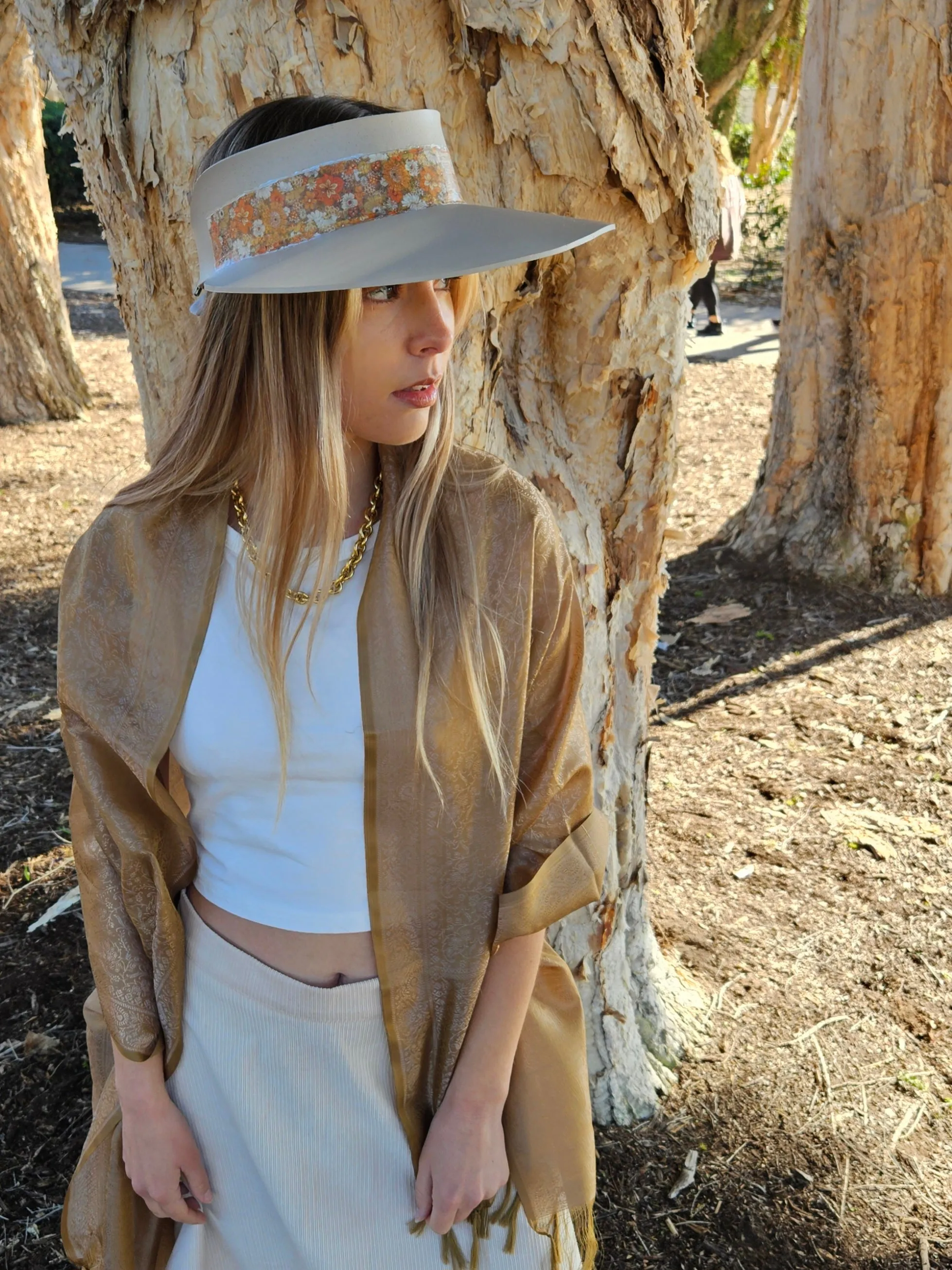 Taupe "LadyEVA" Visor Hat with Orange Floral Band