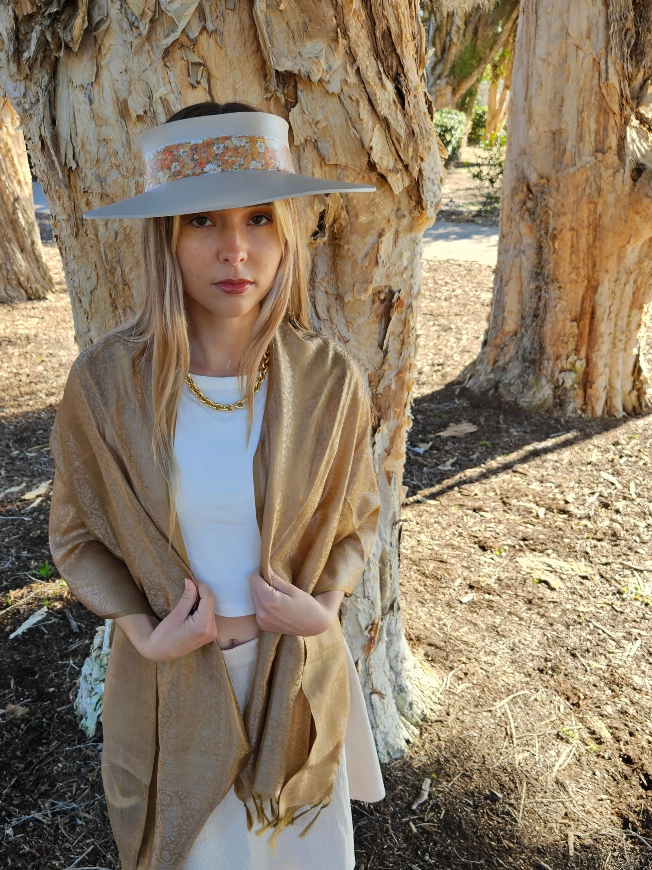 Taupe "LadyEVA" Visor Hat with Orange Floral Band