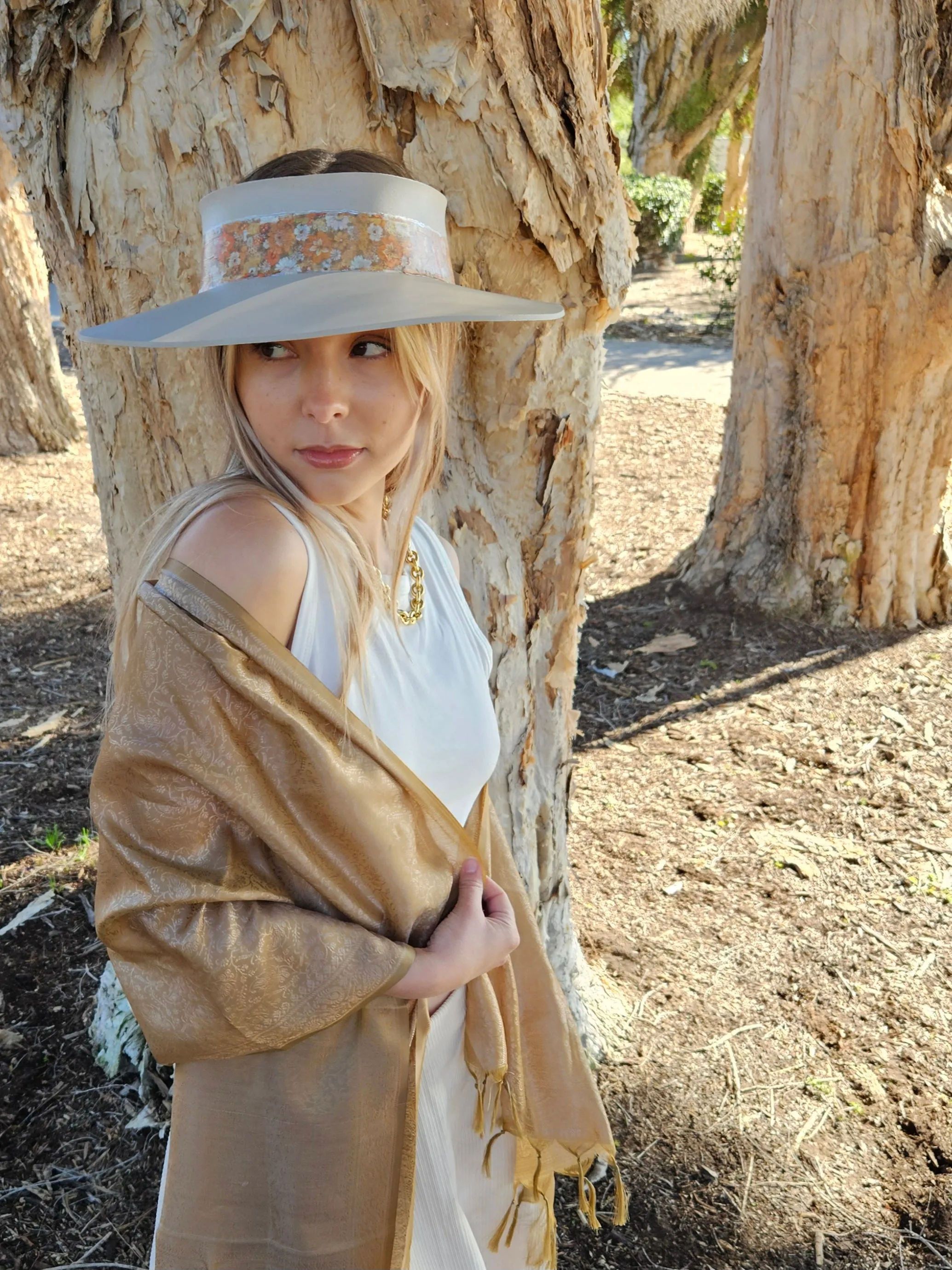 Taupe "LadyEVA" Visor Hat with Orange Floral Band