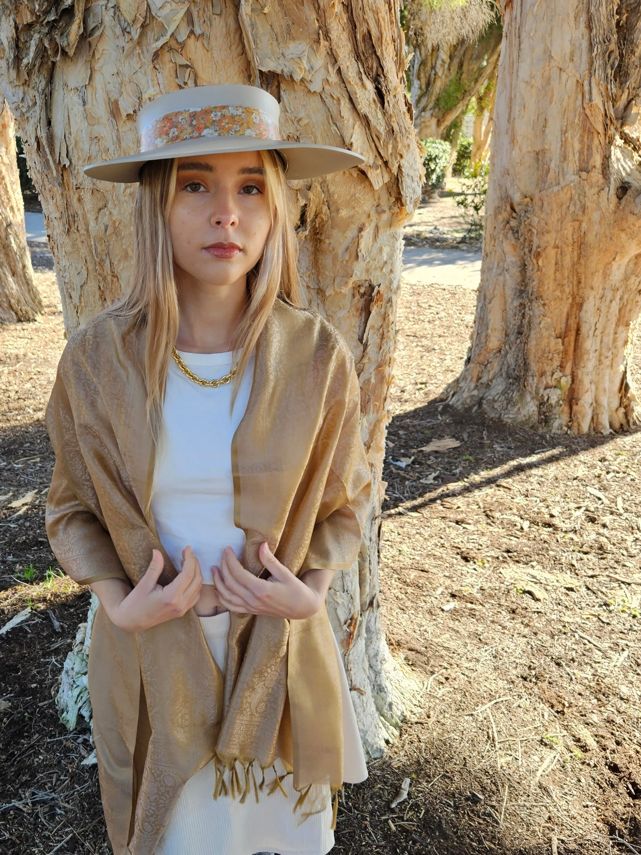 Taupe "LadyEVA" Visor Hat with Orange Floral Band