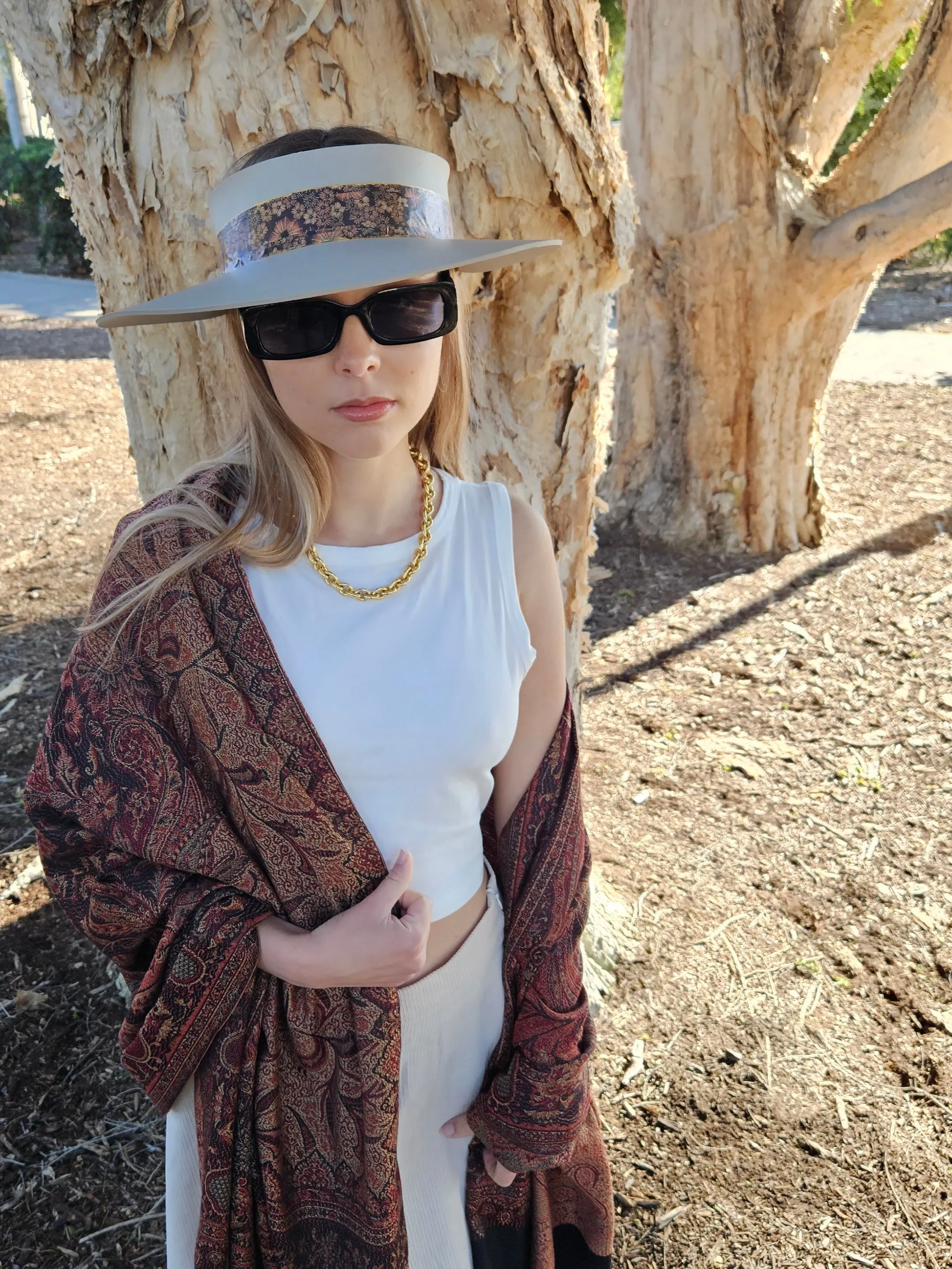 Taupe "LadyEVA" Visor Hat with Warm Brown and Rust Floral Band