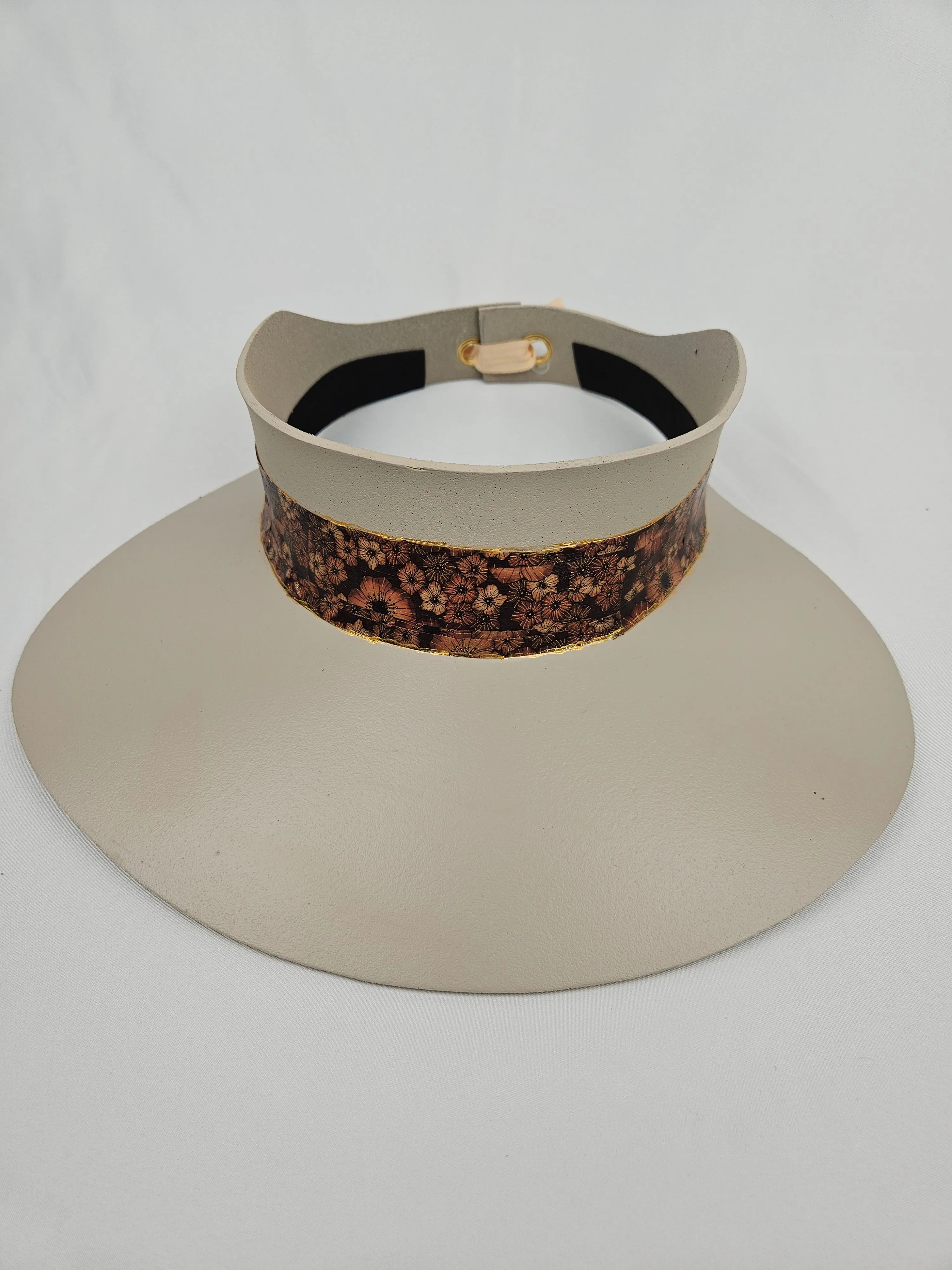 Taupe "LadyEVA" Visor Hat with Warm Brown and Rust Floral Band