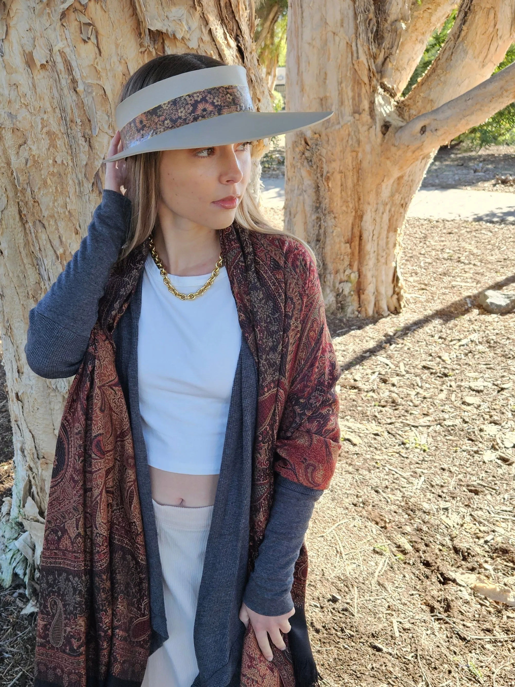 Taupe "LadyEVA" Visor Hat with Warm Brown and Rust Floral Band