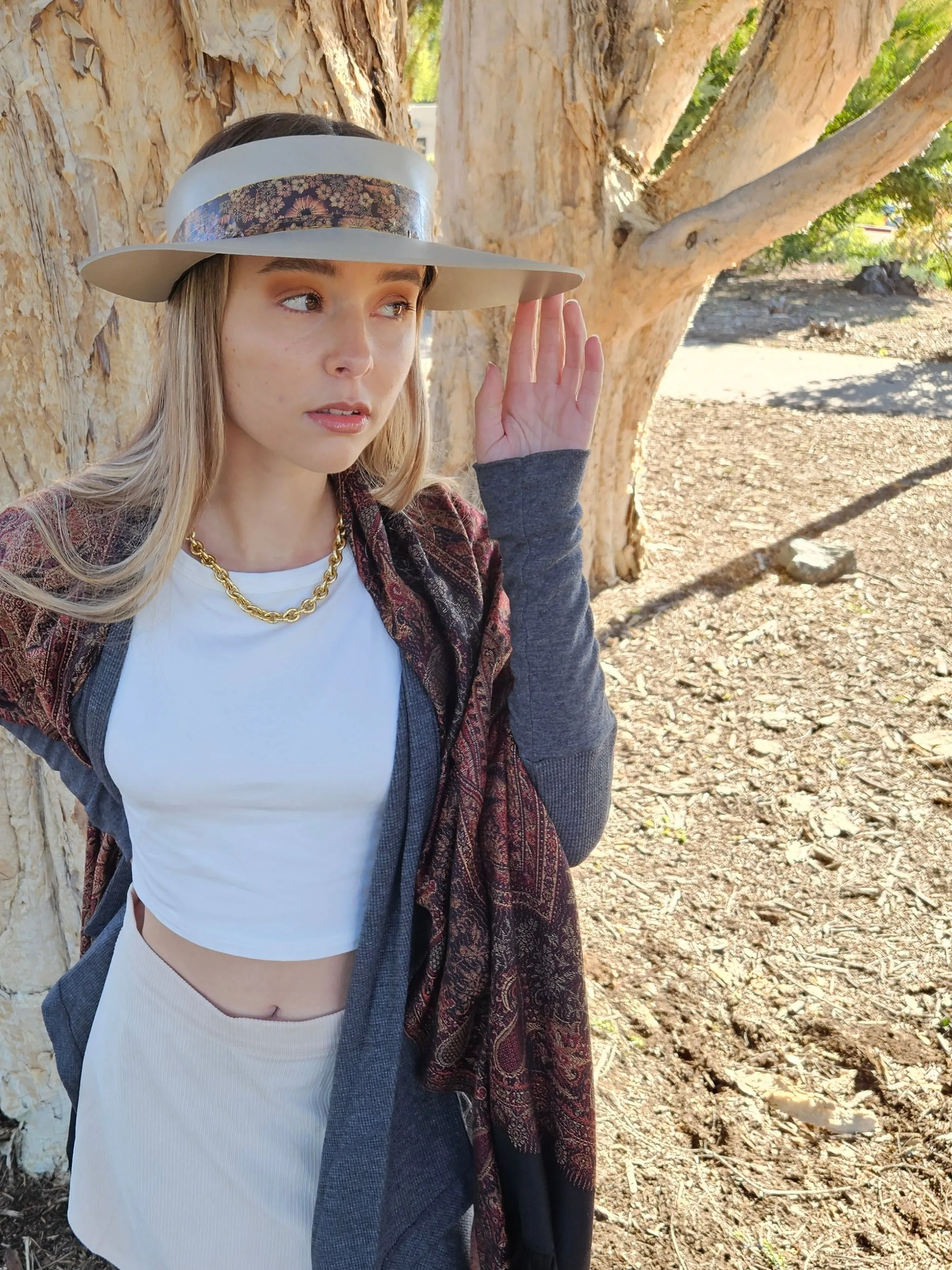 Taupe "LadyEVA" Visor Hat with Warm Brown and Rust Floral Band