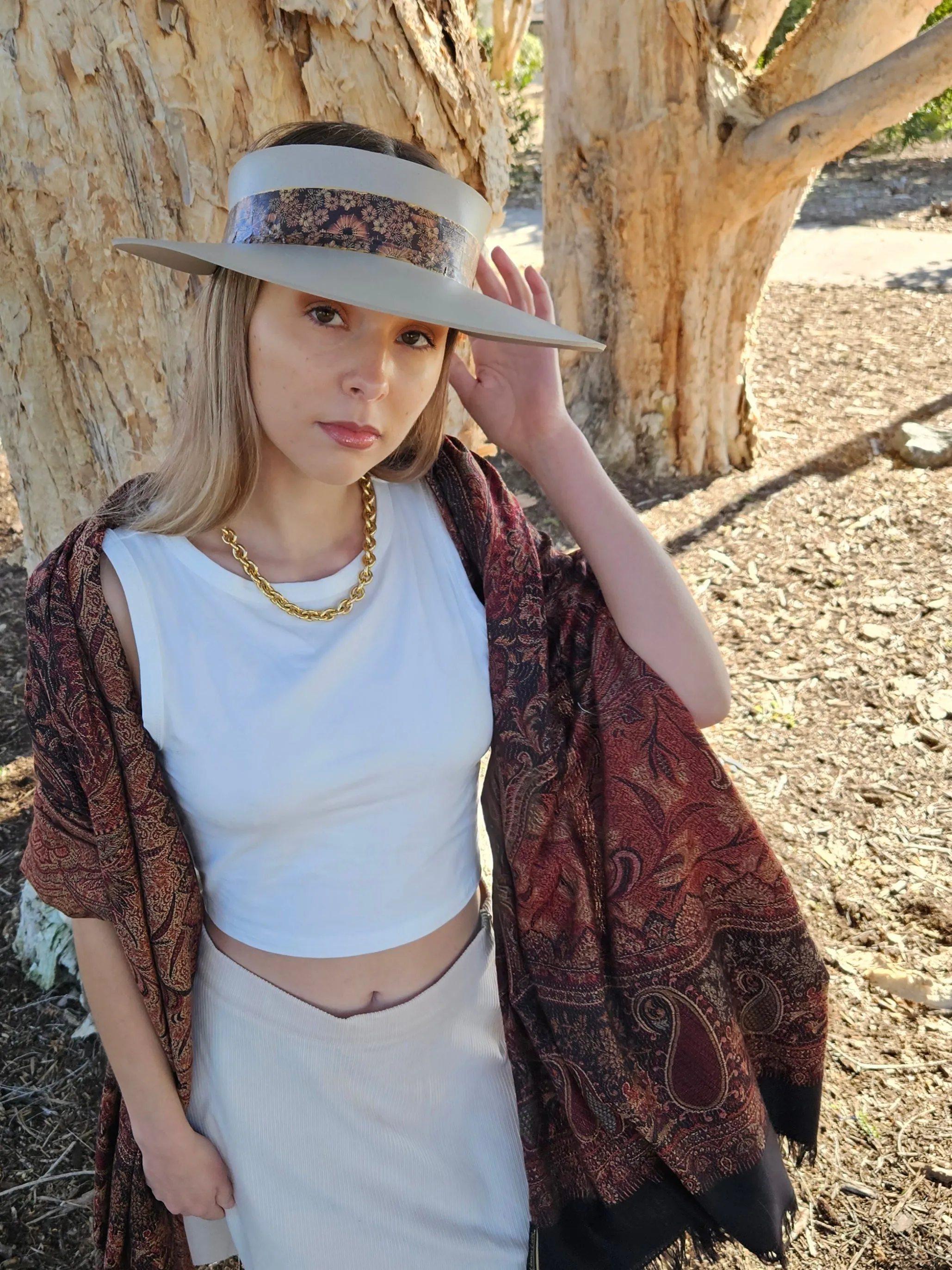 Taupe "LadyEVA" Visor Hat with Warm Brown and Rust Floral Band