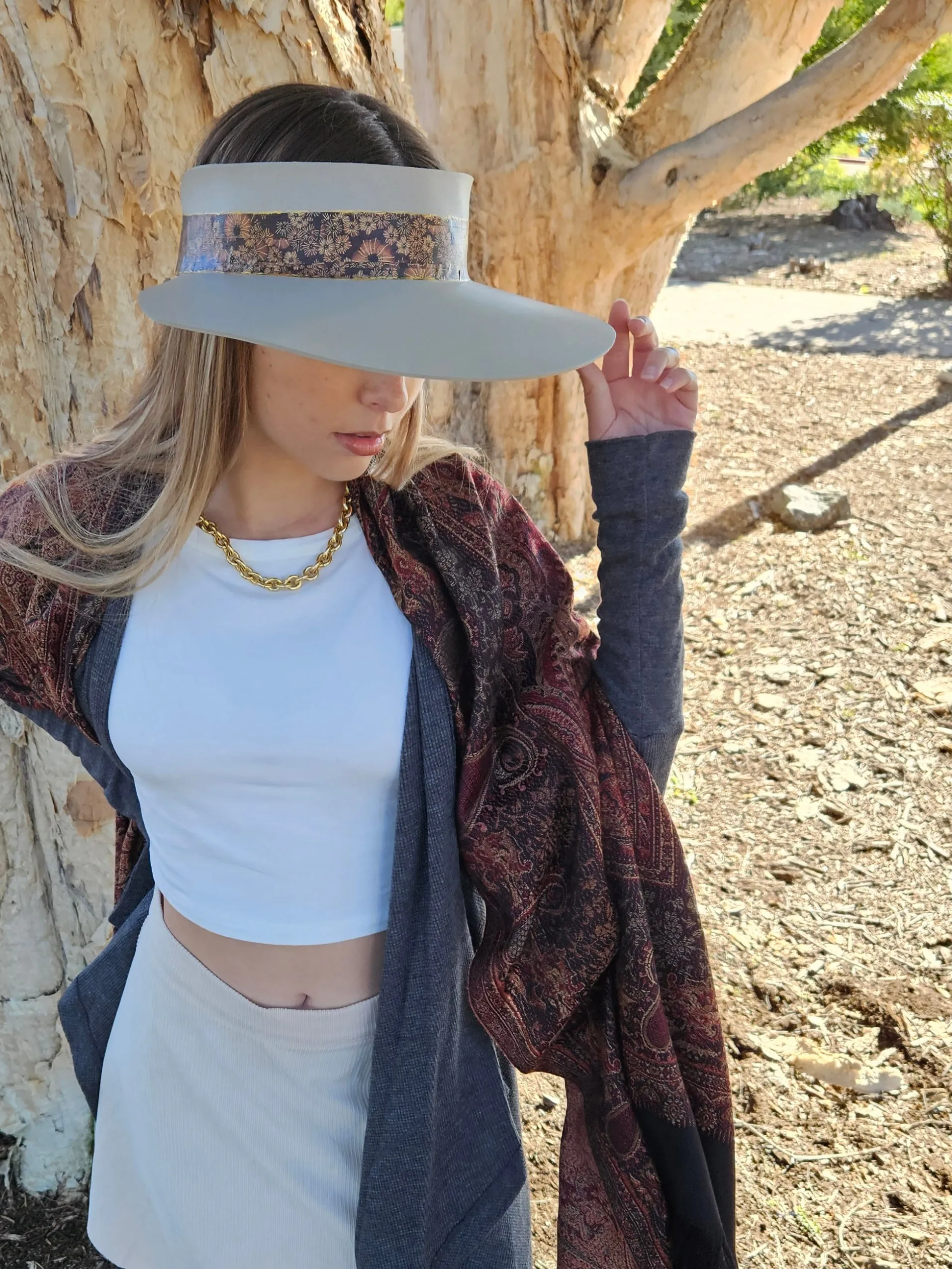 Taupe "LadyEVA" Visor Hat with Warm Brown and Rust Floral Band