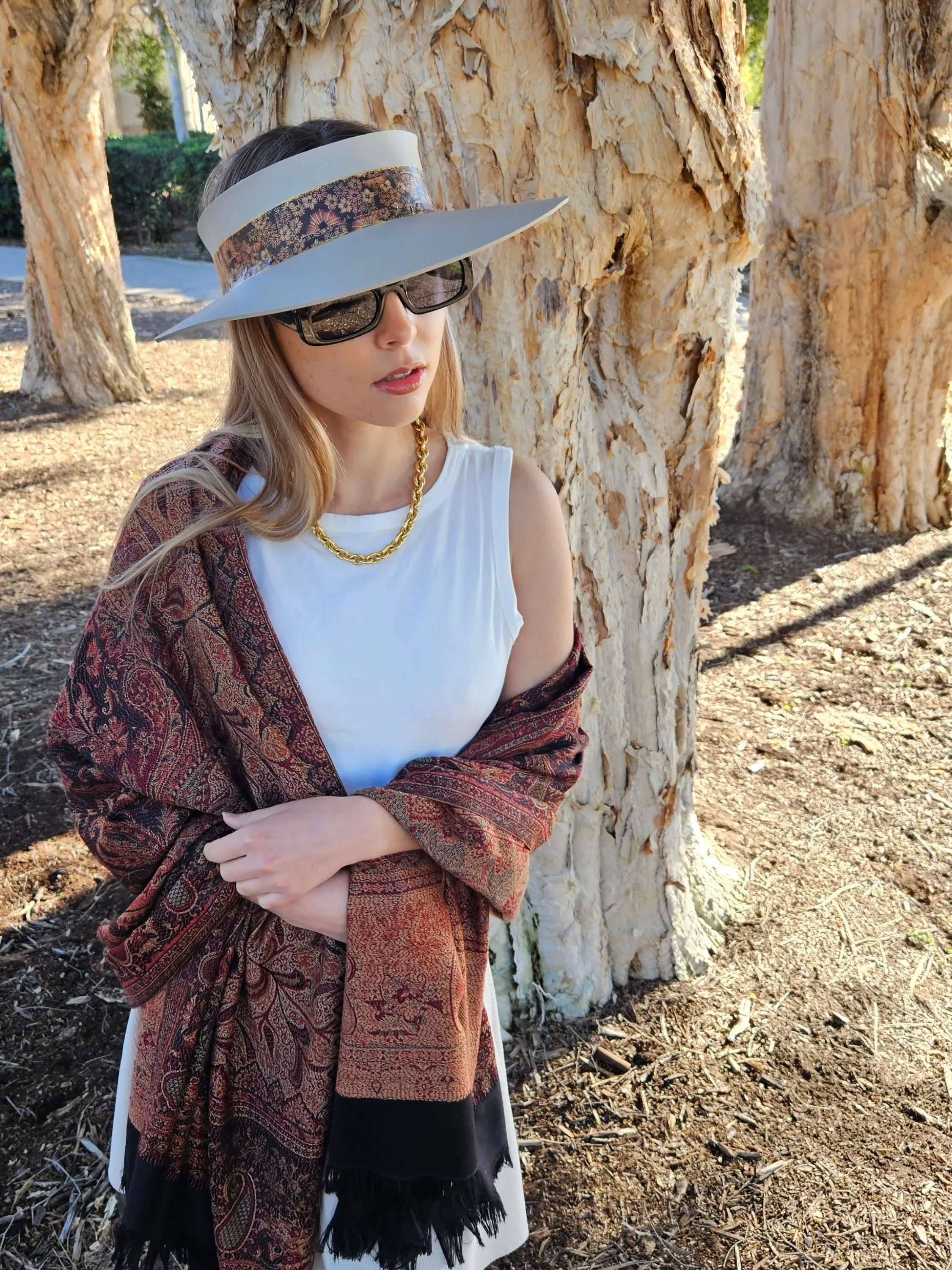 Taupe "LadyEVA" Visor Hat with Warm Brown and Rust Floral Band