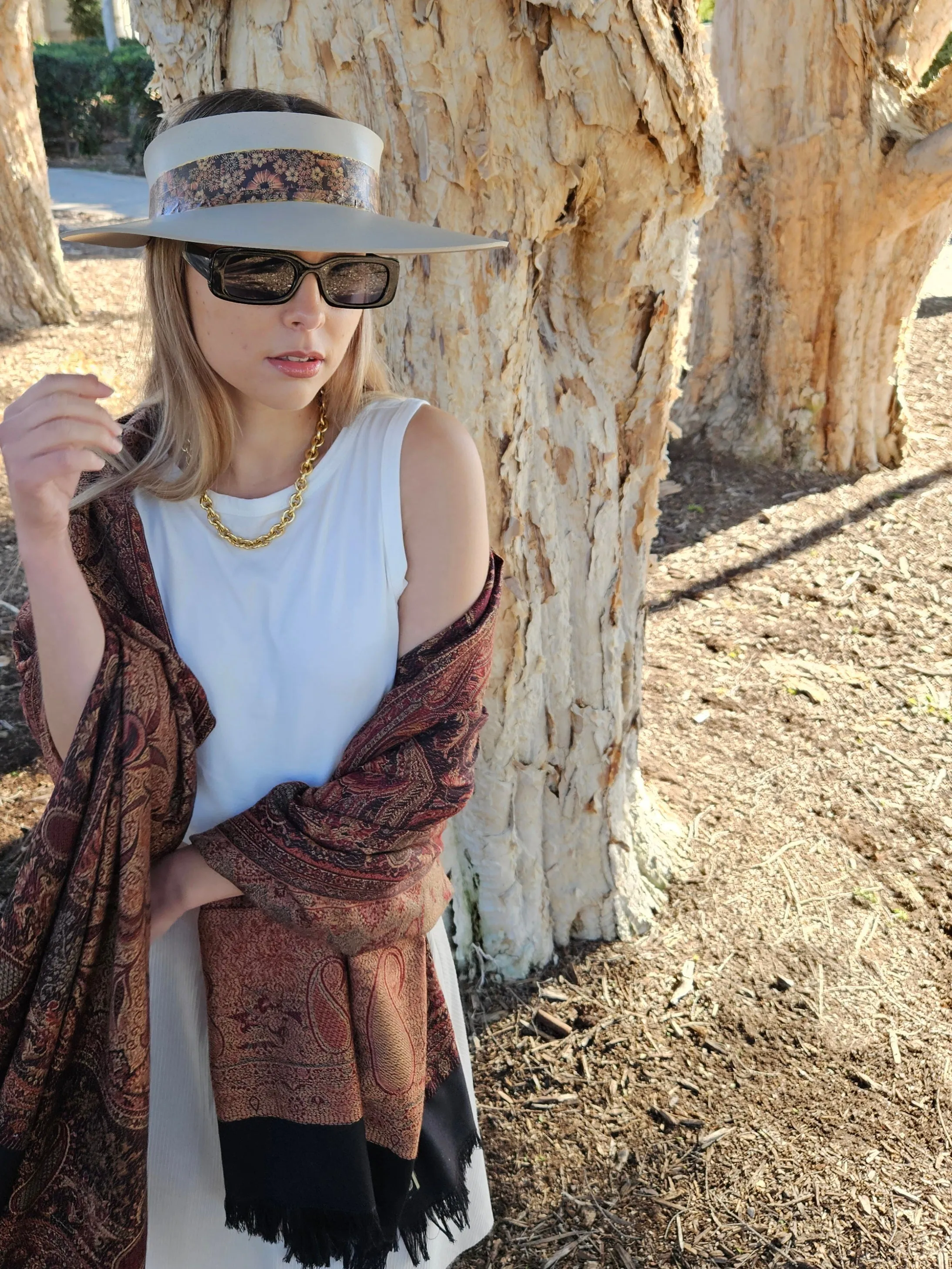 Taupe "LadyEVA" Visor Hat with Warm Brown and Rust Floral Band