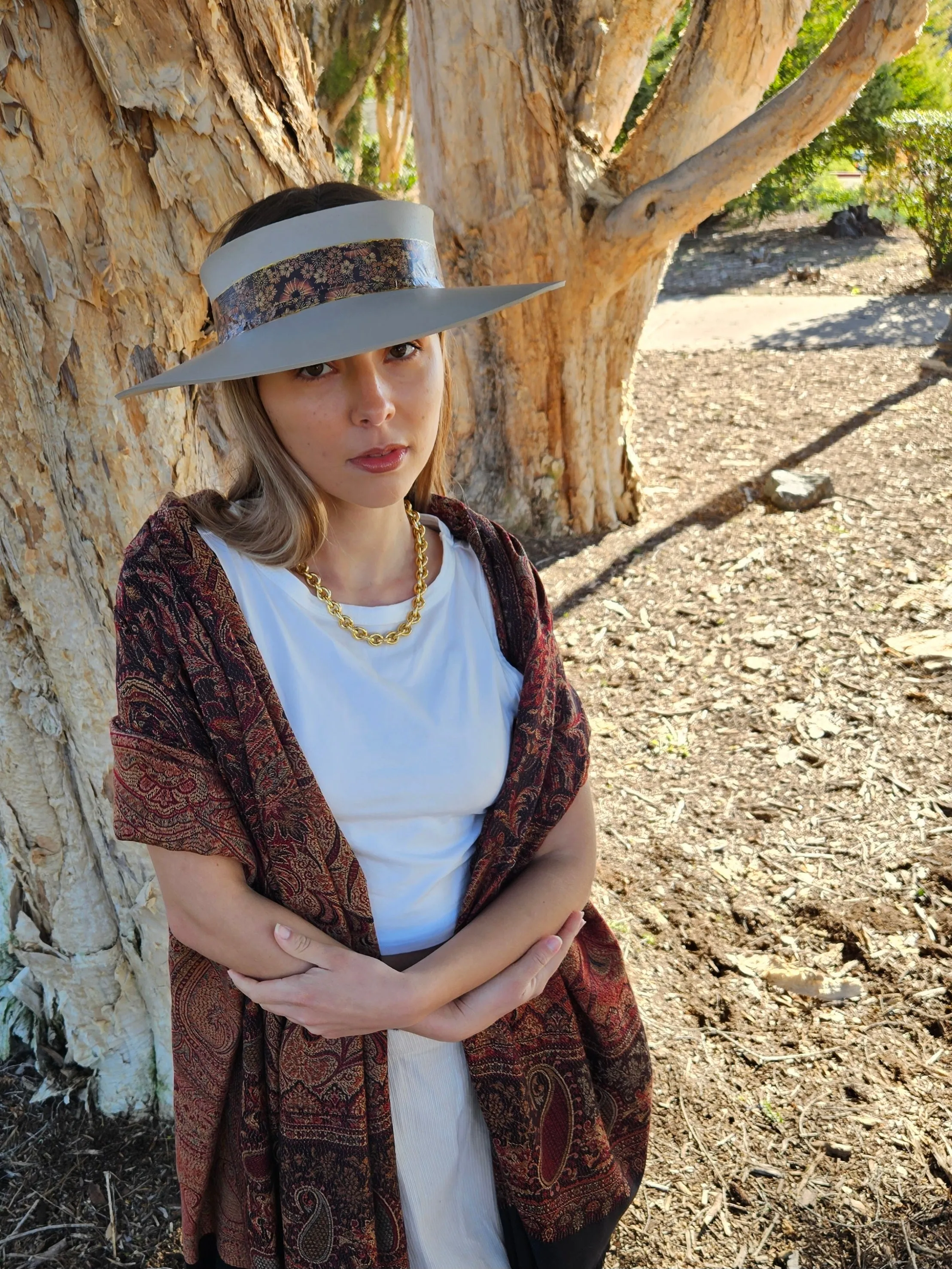 Taupe "LadyEVA" Visor Hat with Warm Brown and Rust Floral Band