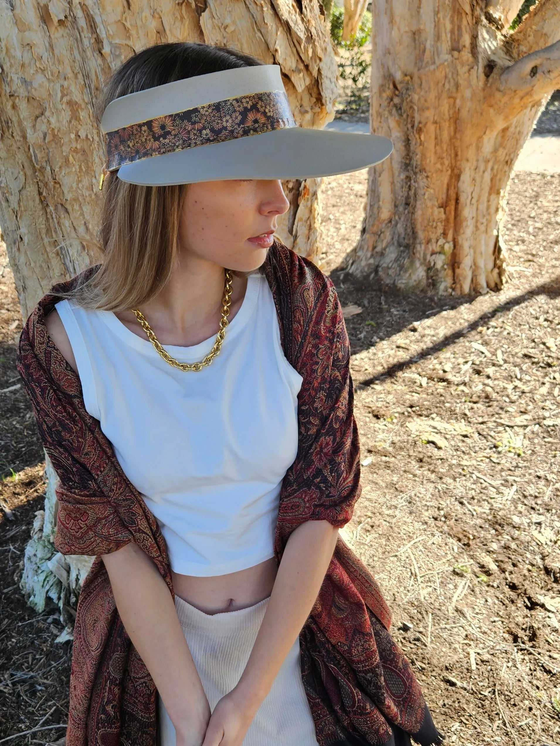 Taupe "LadyEVA" Visor Hat with Warm Brown and Rust Floral Band