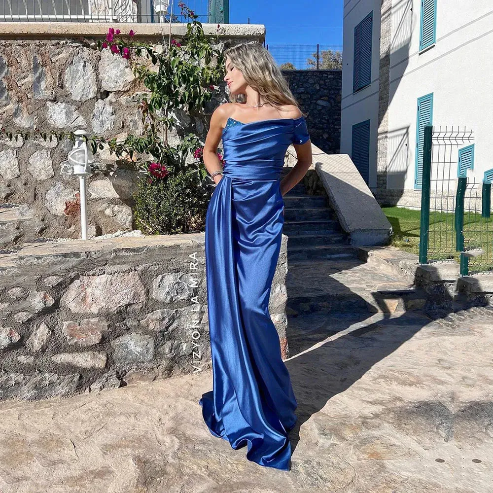 TAVIMART  -  Mermaid Royal Blue Satin Evening Party Dresses 2023 One Shoulder Women Prom Gowns Pleats Celebrity Dress