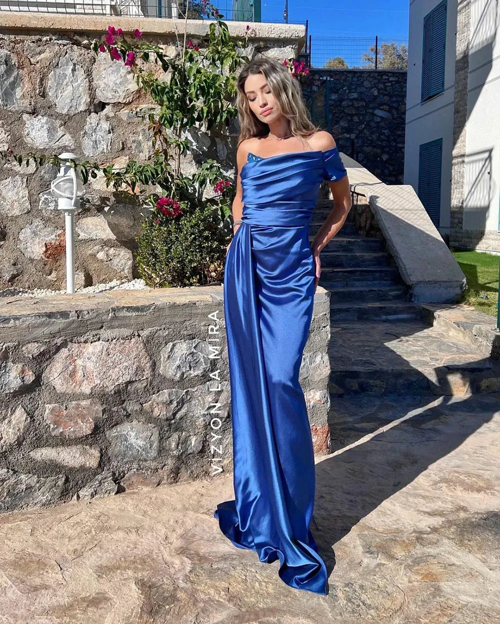 TAVIMART  -  Mermaid Royal Blue Satin Evening Party Dresses 2023 One Shoulder Women Prom Gowns Pleats Celebrity Dress