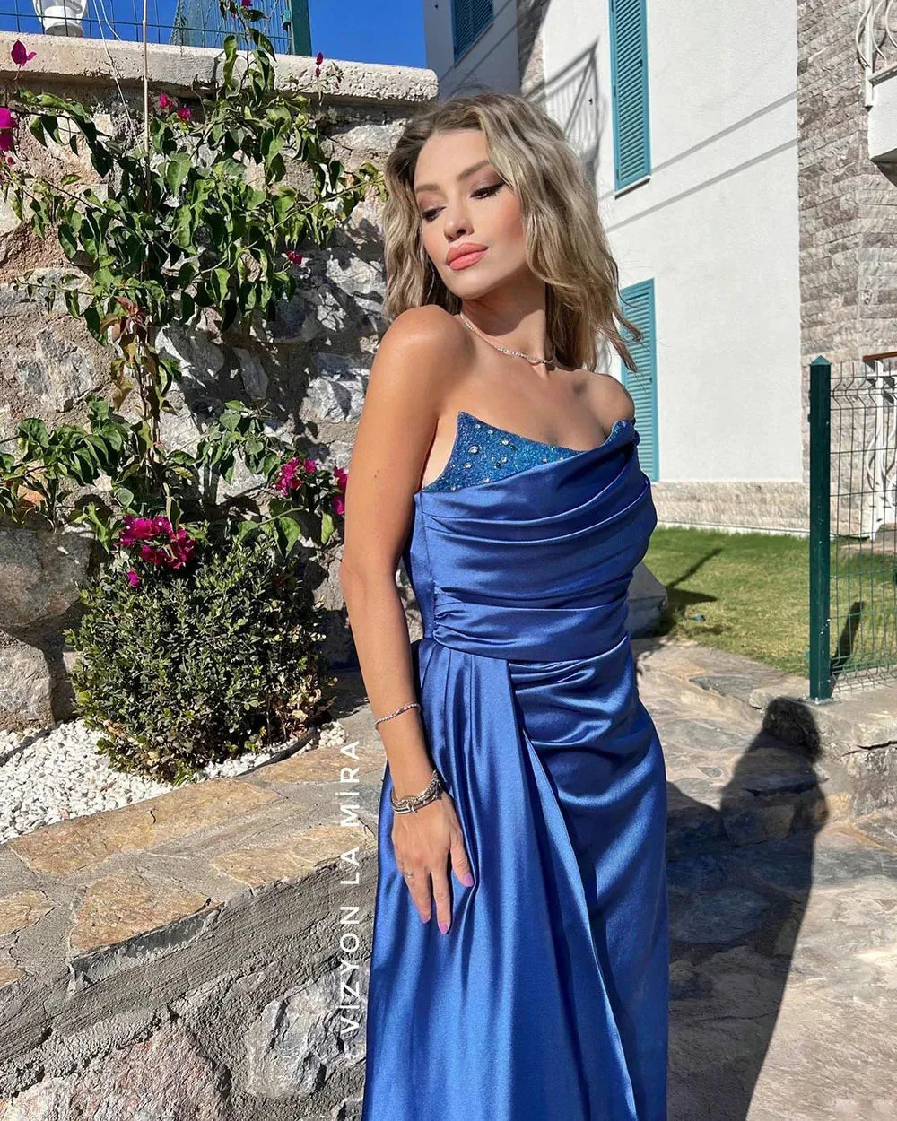 TAVIMART  -  Mermaid Royal Blue Satin Evening Party Dresses 2023 One Shoulder Women Prom Gowns Pleats Celebrity Dress