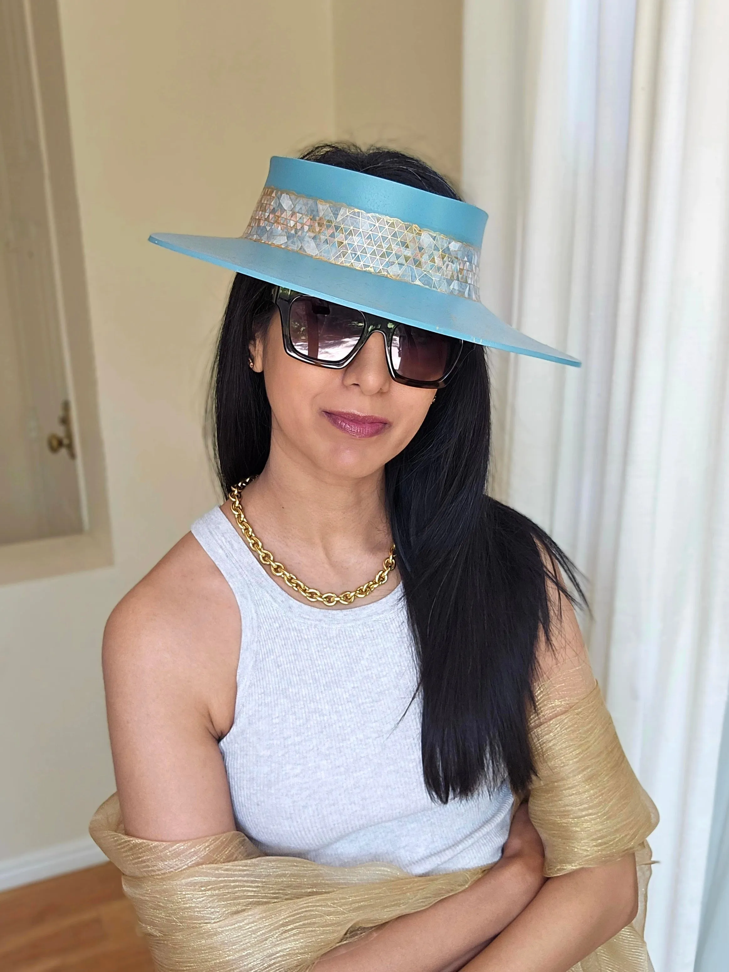 Teal Blue "LadyEVA" Visor Hat with Geometric Band and Gold Splatter Effect