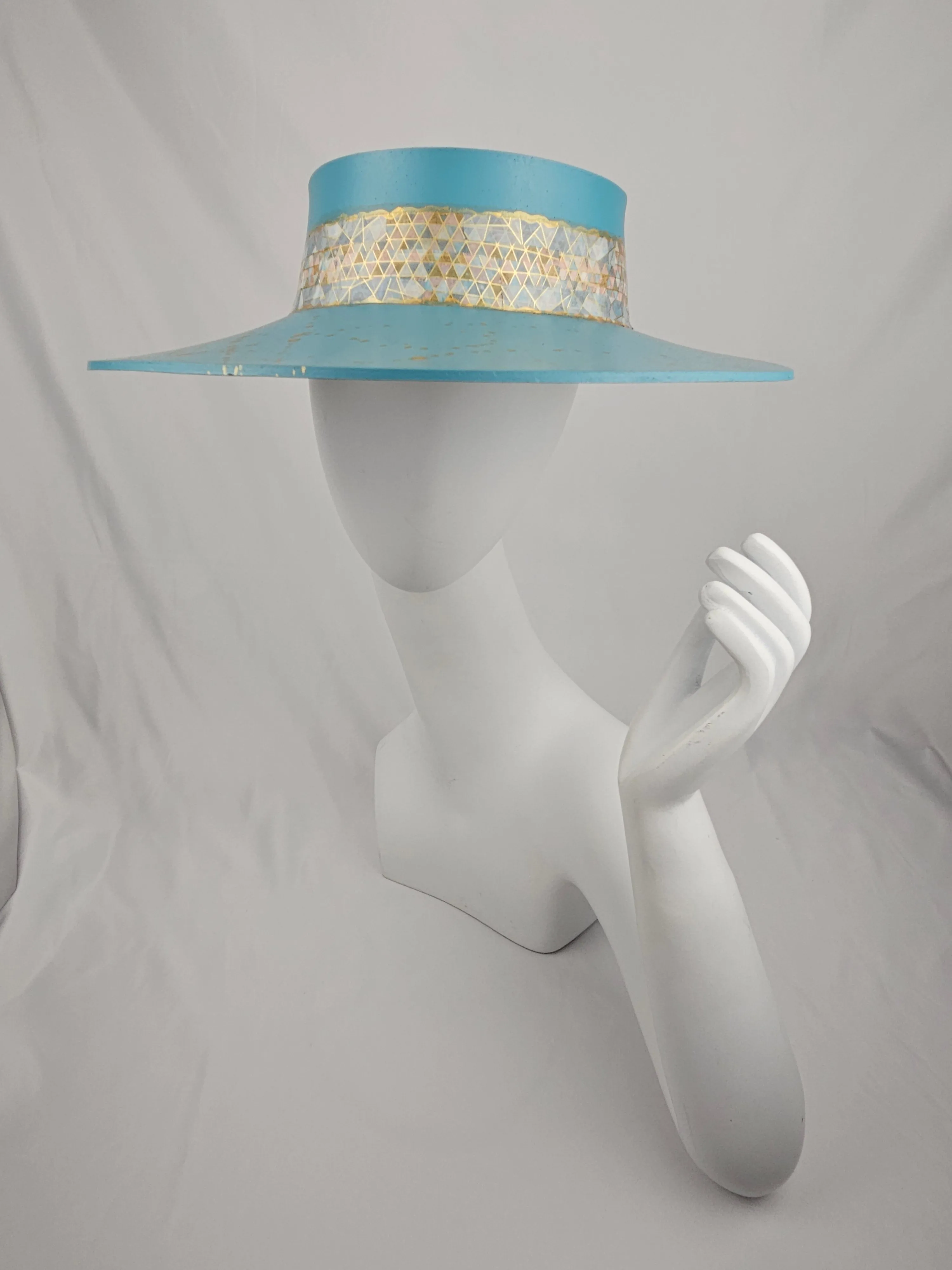 Teal Blue "LadyEVA" Visor Hat with Geometric Band and Gold Splatter Effect