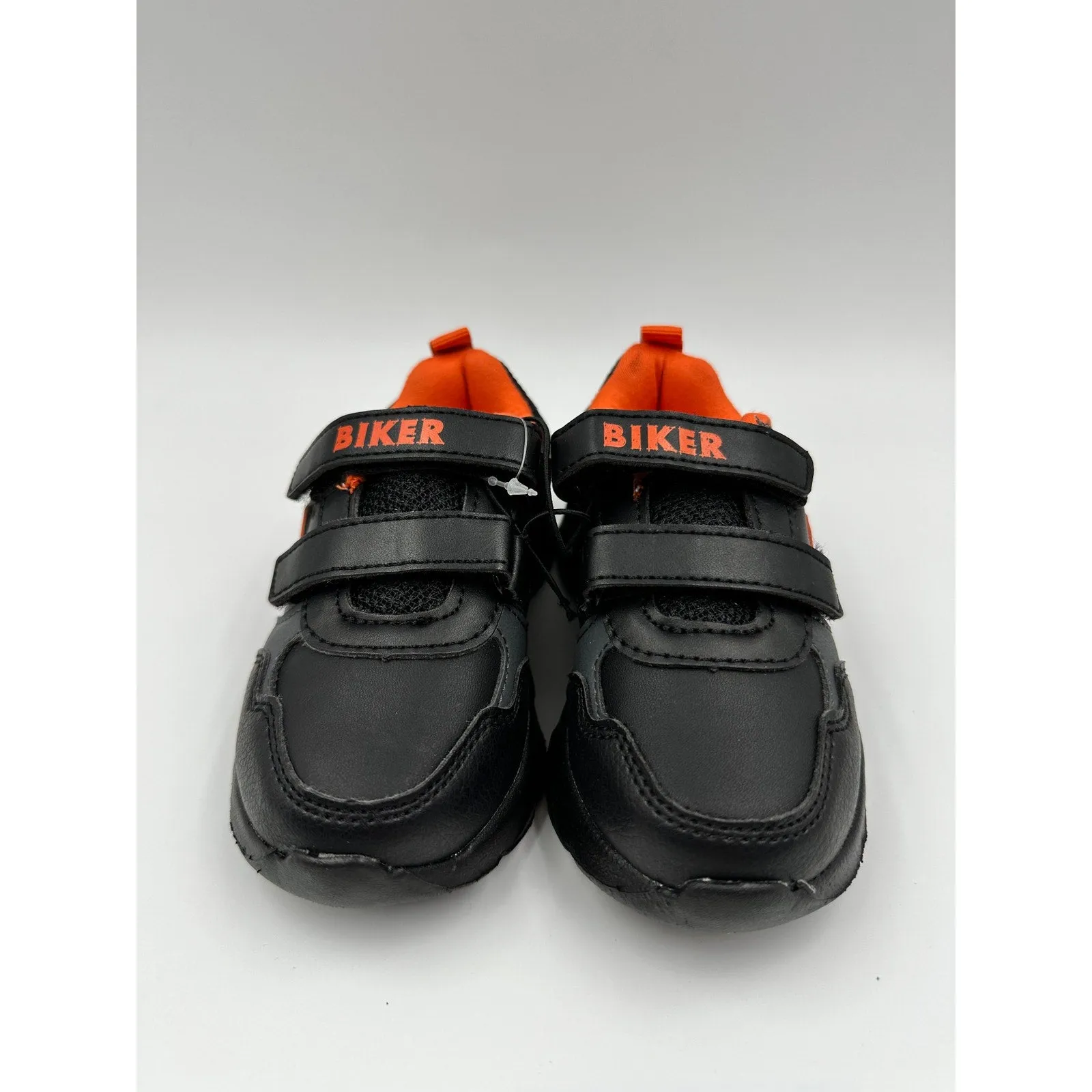 Toddler Size 7, Black Sneakers with Orange Trim, Straps with Biker Design