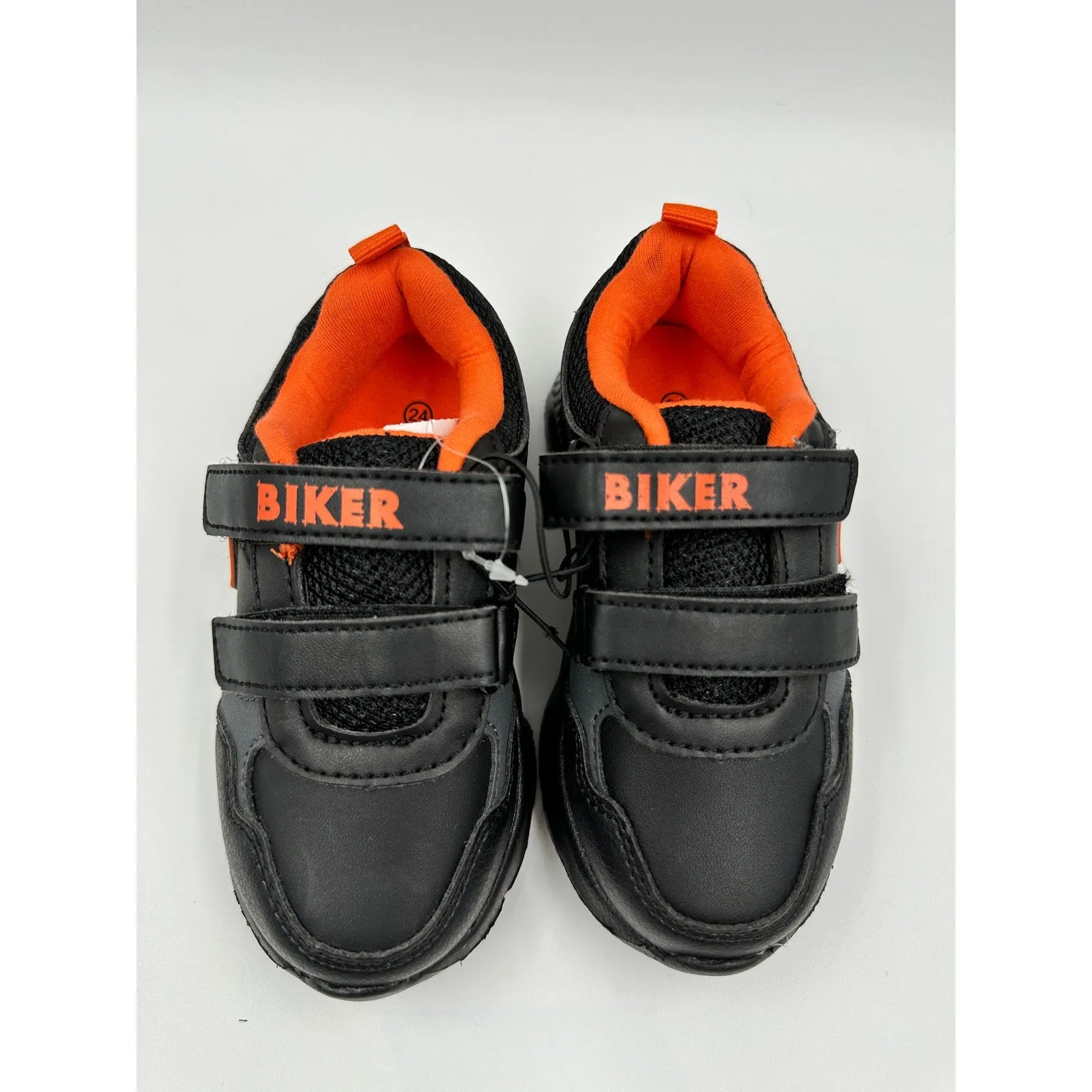 Toddler Size 7, Black Sneakers with Orange Trim, Straps with Biker Design