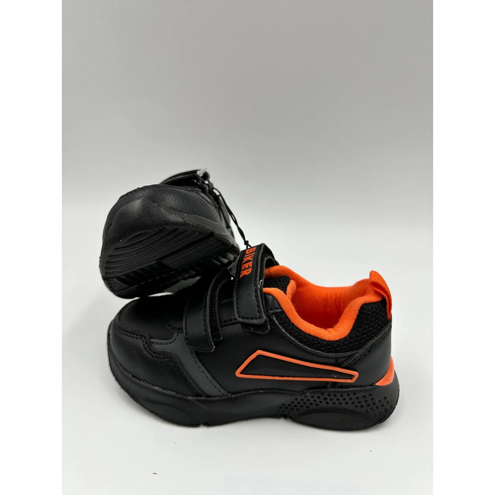 Toddler Size 7, Black Sneakers with Orange Trim, Straps with Biker Design