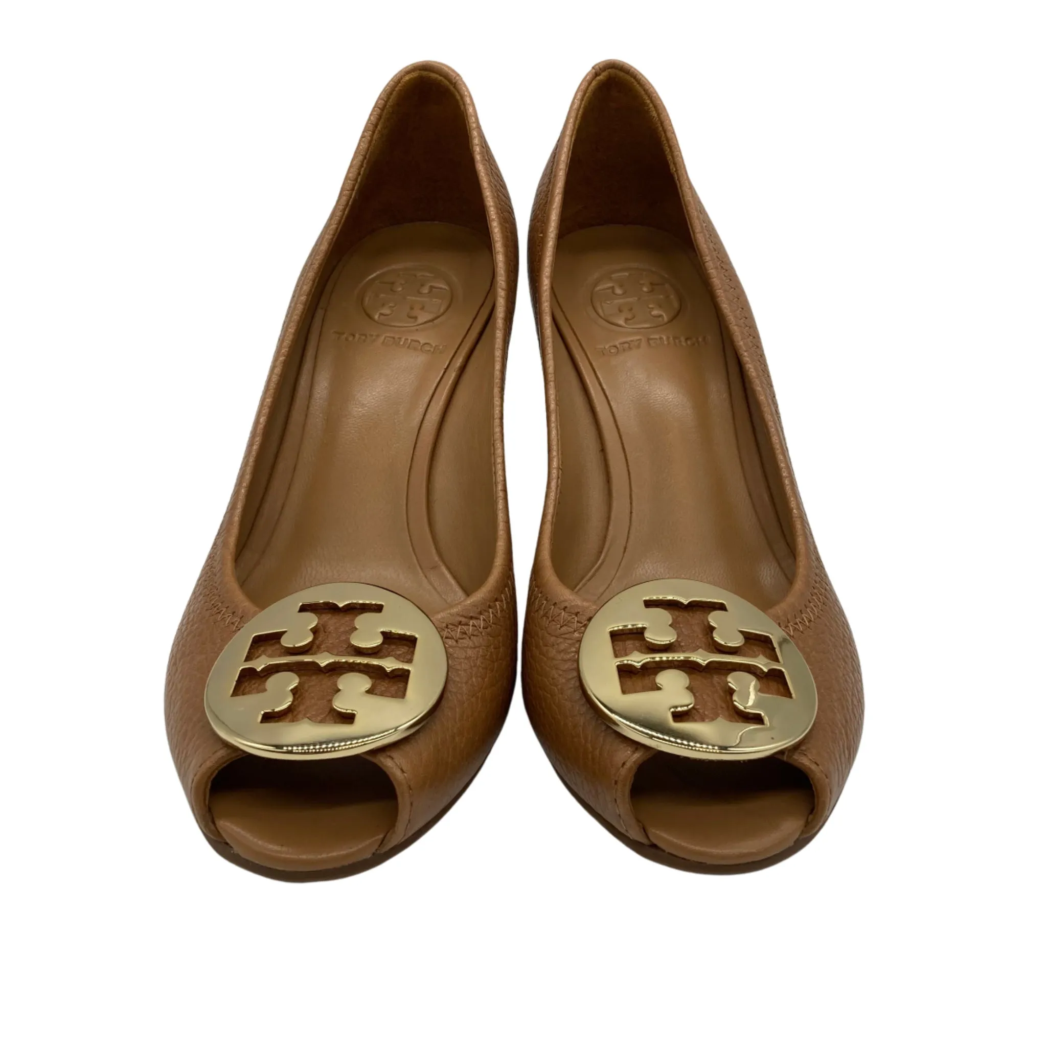 Tory Burch Brown Leather Peep Toe Wedges