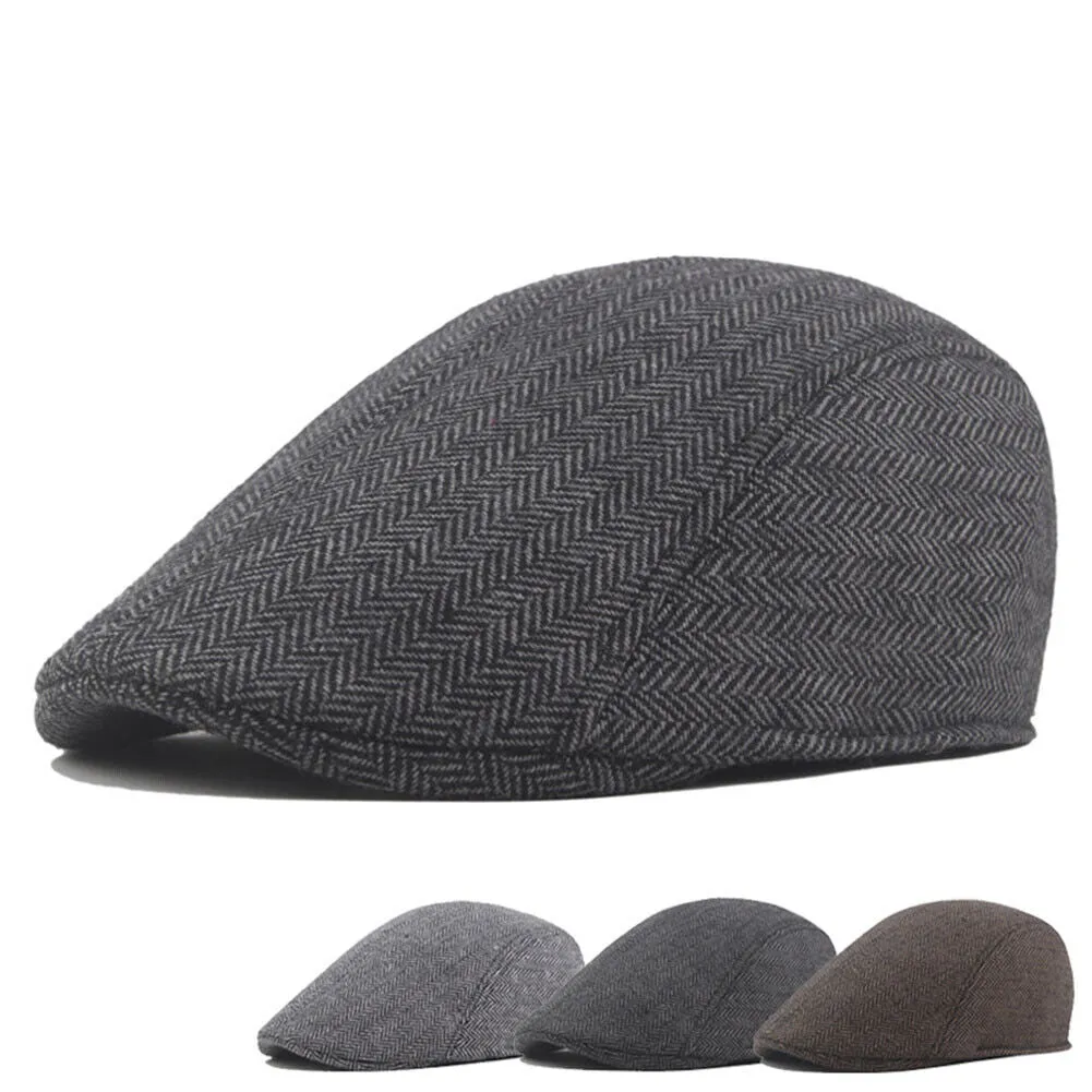 US 1-2 Pack Fineboy Hat Mens Herringbone Tweed Flat Ivy Gatsby Cap Stripe Cabbie