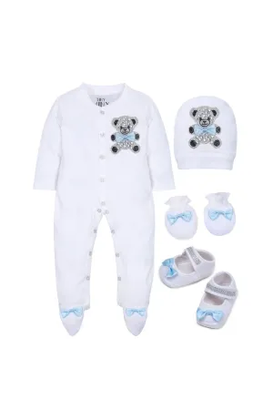 White And Blue Bow Detailing Teddy Bear Sleepsuit With Shoes Set