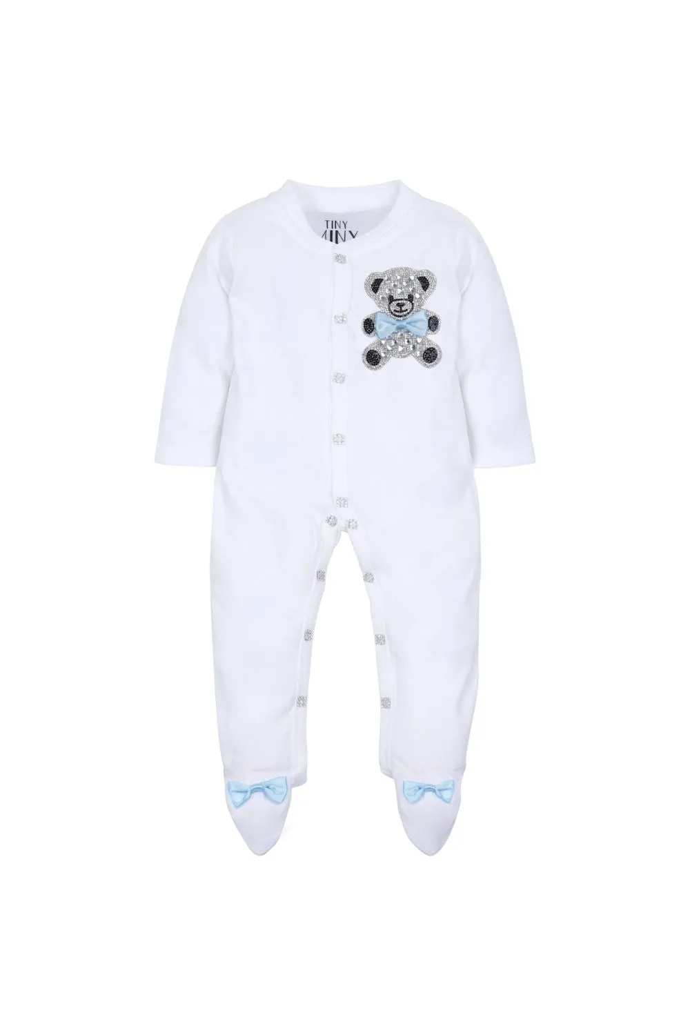 White And Blue Bow Detailing Teddy Bear Sleepsuit With Shoes Set