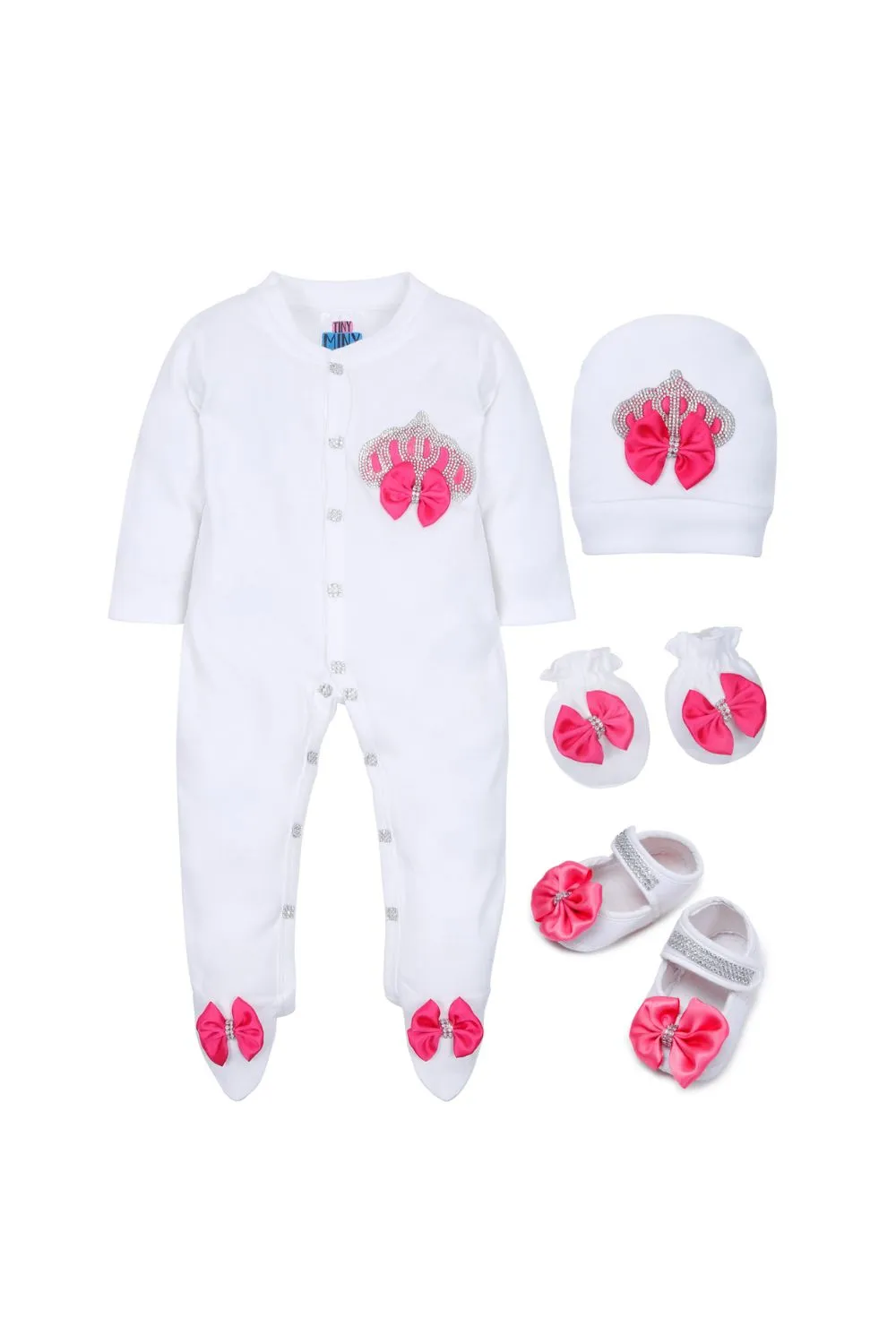 White Embroidered Crown Detailing Sleepsuits Set