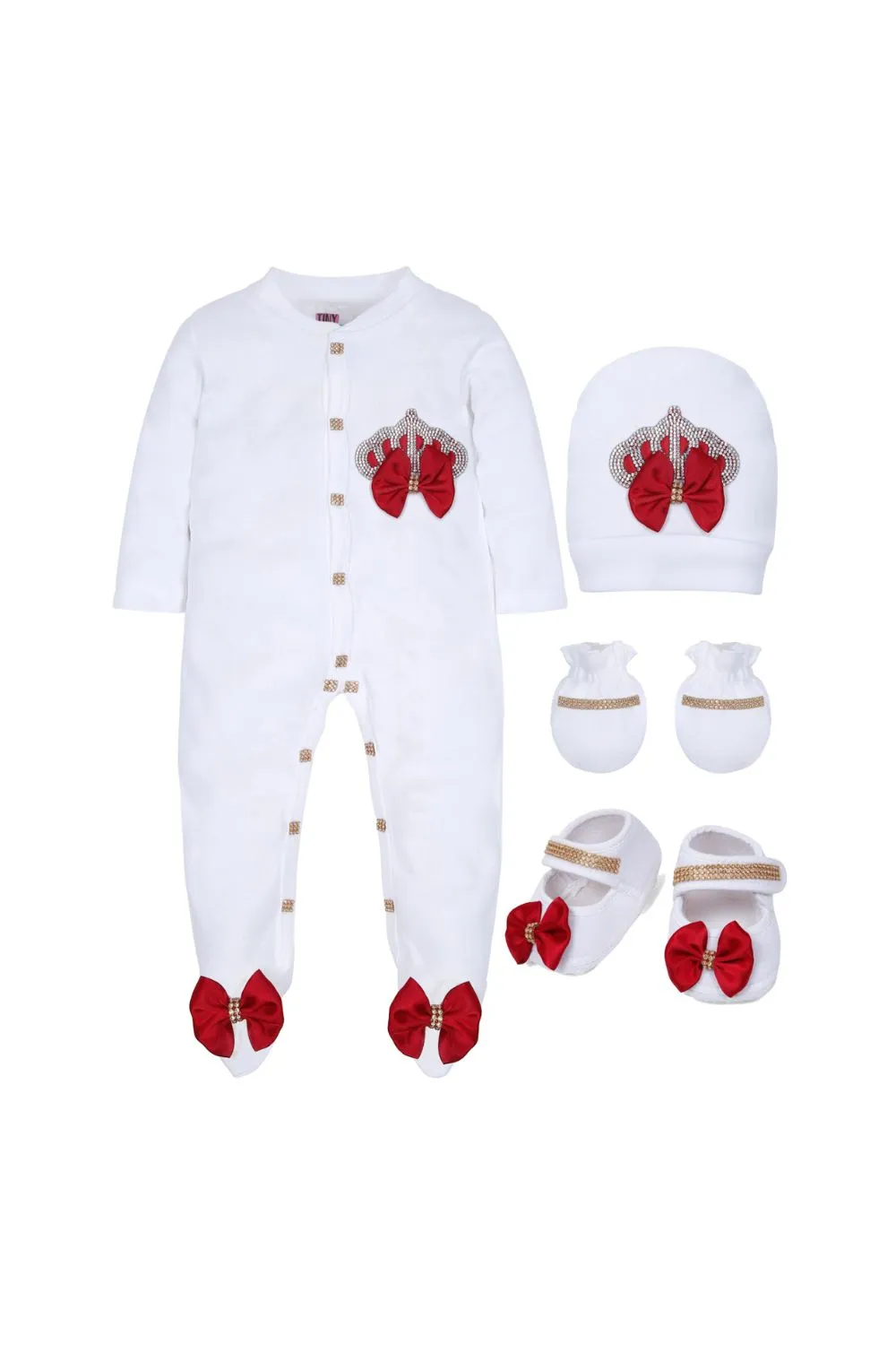 White Embroidered Crown Detailing Sleepsuits Set