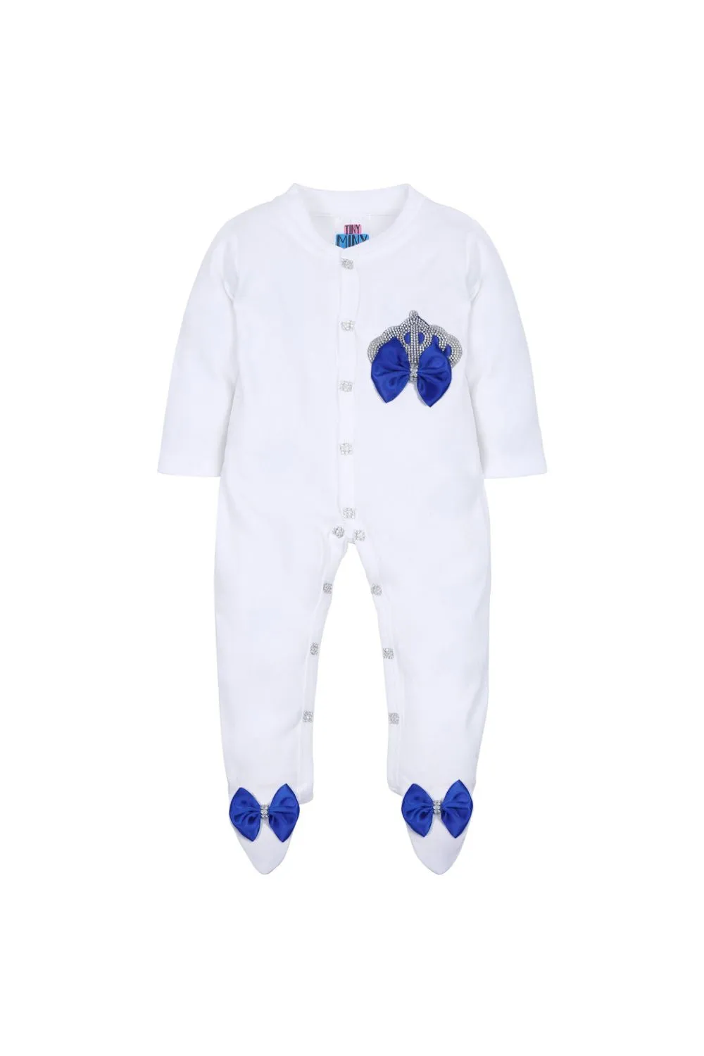 White Embroidered Crown Detailing Sleepsuits Set