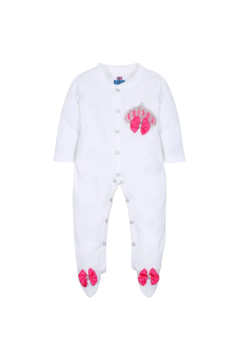 White Embroidered Crown Detailing Sleepsuits Set