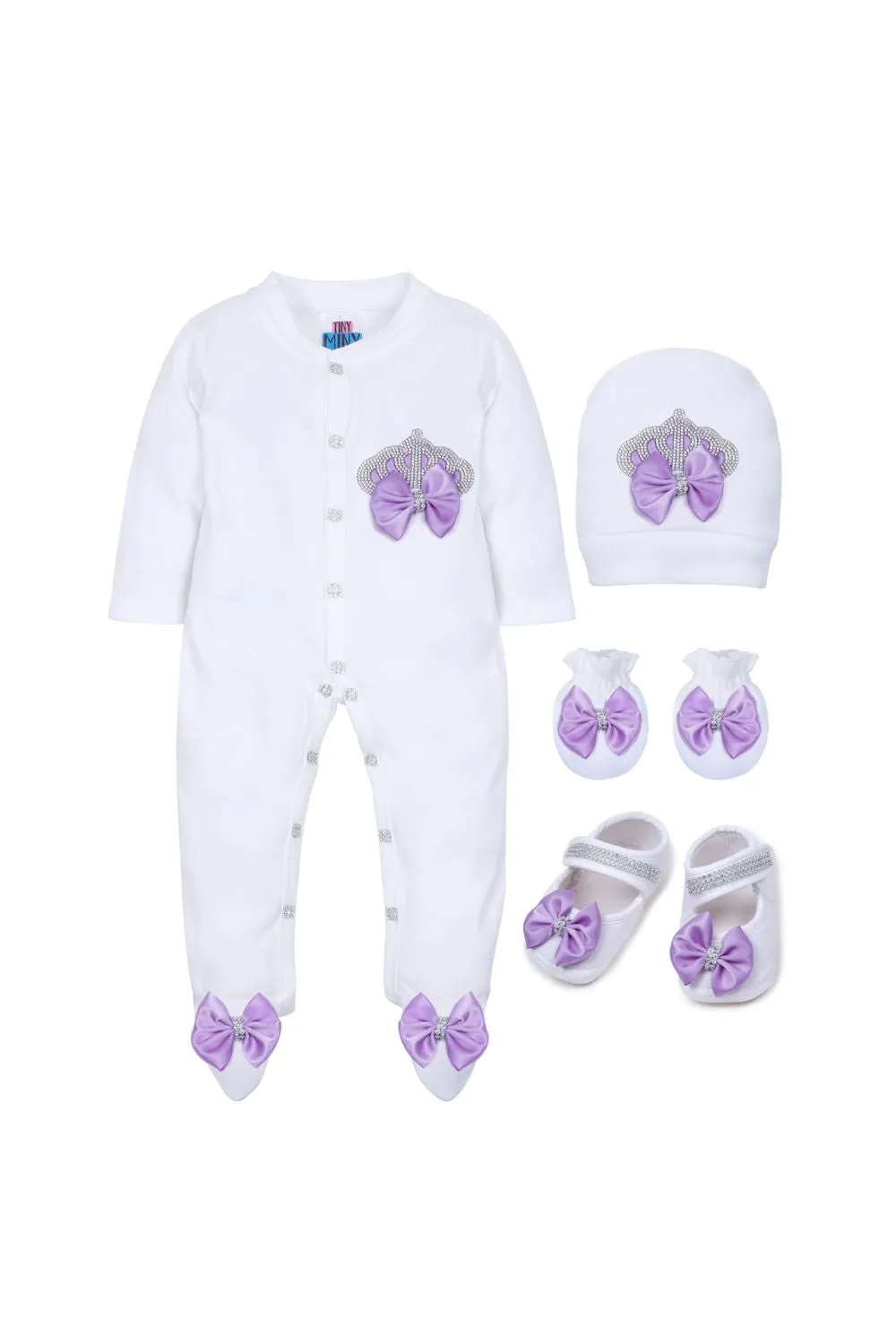 White Embroidered Crown Detailing Sleepsuits Set