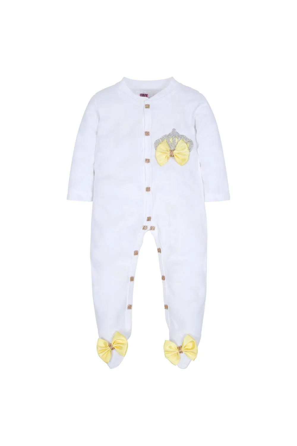 White Embroidered Crown Detailing Sleepsuits Set