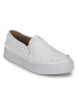 White PU Studded Slip-On Loafers